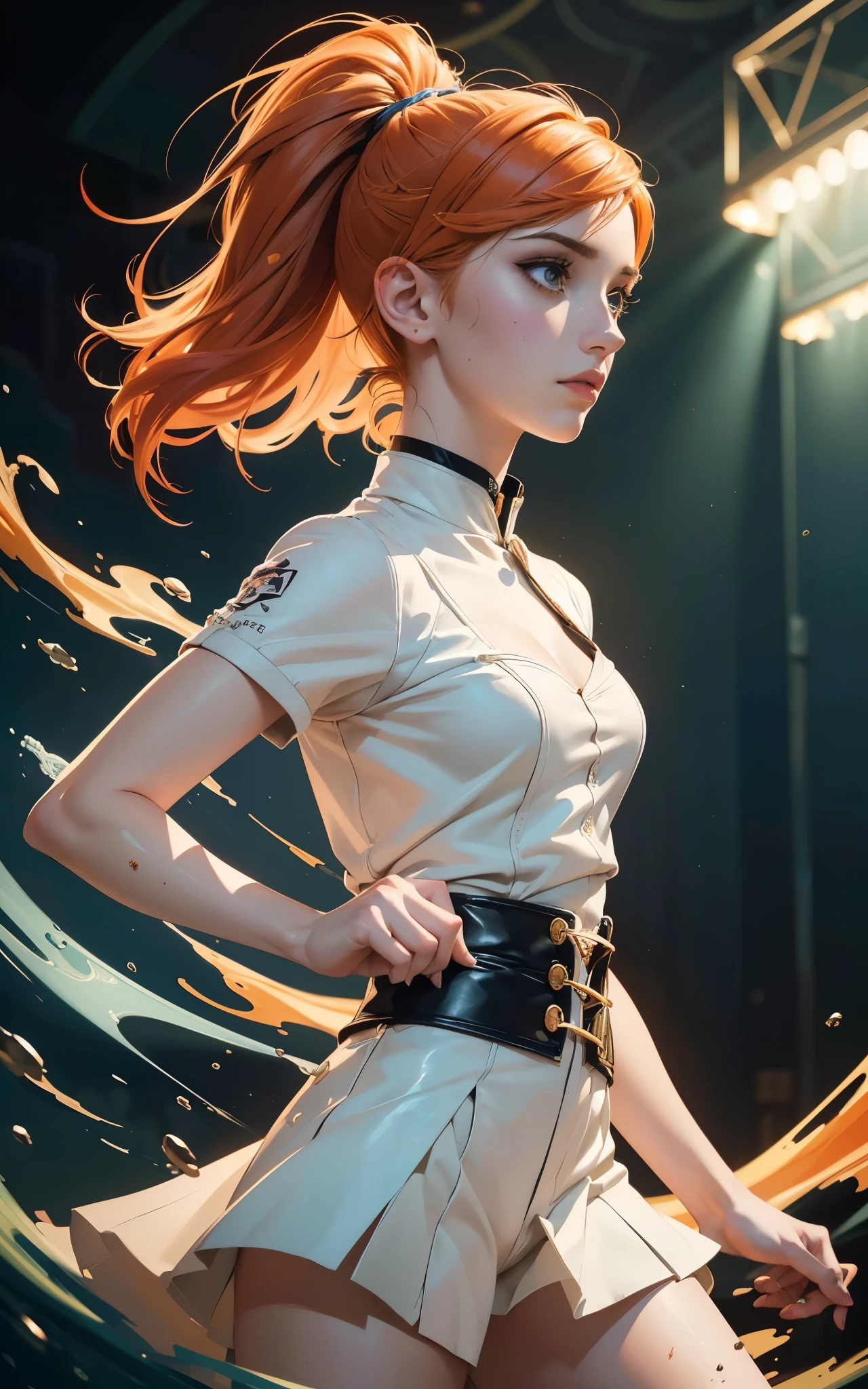 (Emily Rudd:Hayley Williams) best quality, masterpiece, (realistic:1.2), detailed face, beautiful eyes, (masterpiece, top quality, best quality, official art, beautiful and aesthetic:1.2), (1girl:1.4), extreme detailed, (Joshua Middleton comic cover art:1.1), (Action painting:1.2), (concretism:1.2), theater dance scene, (hypermaximalistic:1.5), colorful, highest detailed,