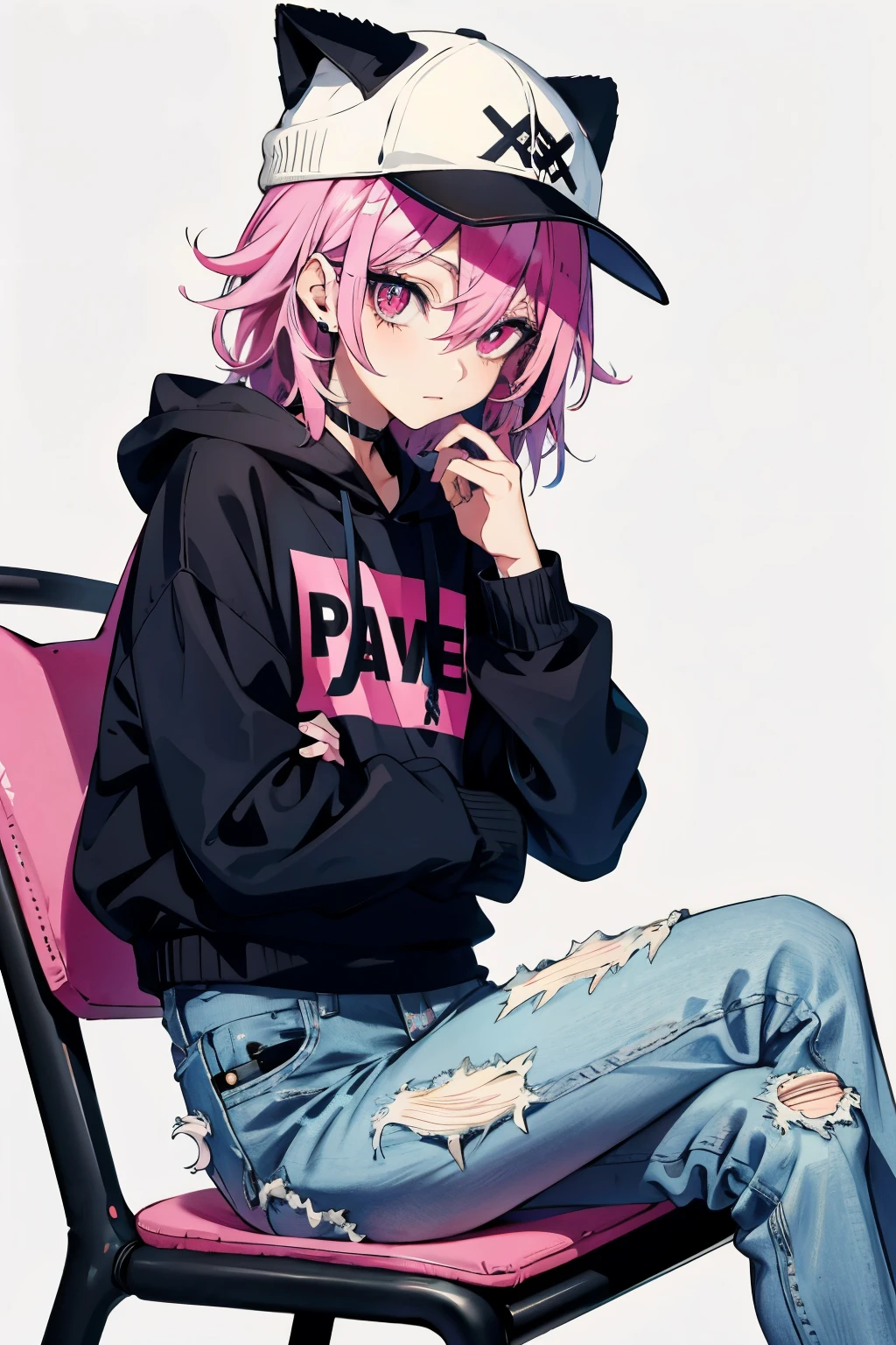 (Slim anime girl with hat) Pink Eyes, Pink messy hair, Beautiful Eyes, Beautiful Hair, (Black hoodie, Denim pants) Sitting in a chair