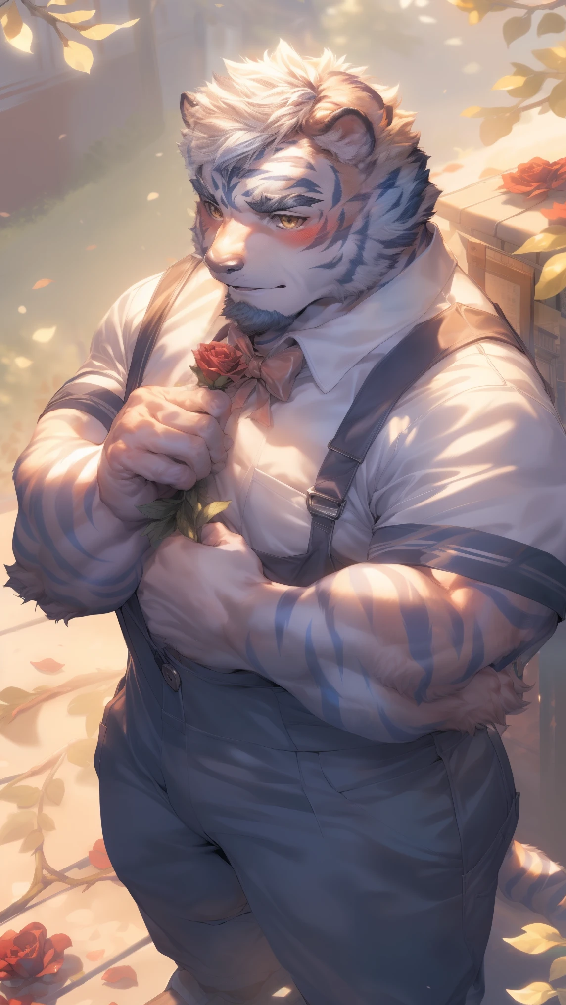 (through empty ghost, From thebigslick, through dark gems, Will chase), Keyuan Tower (Onmyoji Daisenji Temple), High quality photos, Perfect anatomical structure, Anthropomorphic white tiger, Men, 26 years old, thick eyebrows, Moustache,  (short hair:1.5), Light blue stripes, Strong body, Dark red shirt, White bow tie, White overalls, Small bump, Holding a red rose, Standing under the tree，The leaves fell on his shoulders，Shy expression, blush, Golden pupils, Look up at the audience, Clear facial features, Strong, Solitary, solo, Top view, Full body image, On the streets of the city，Roadside bench, Correct gestures