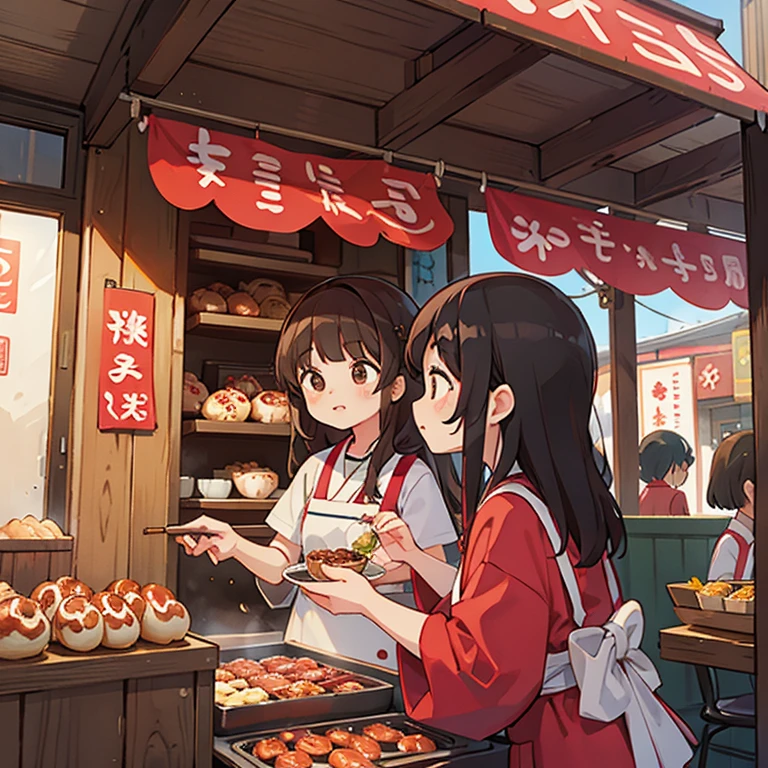 Girls grilling takoyaki at a takoyaki shop