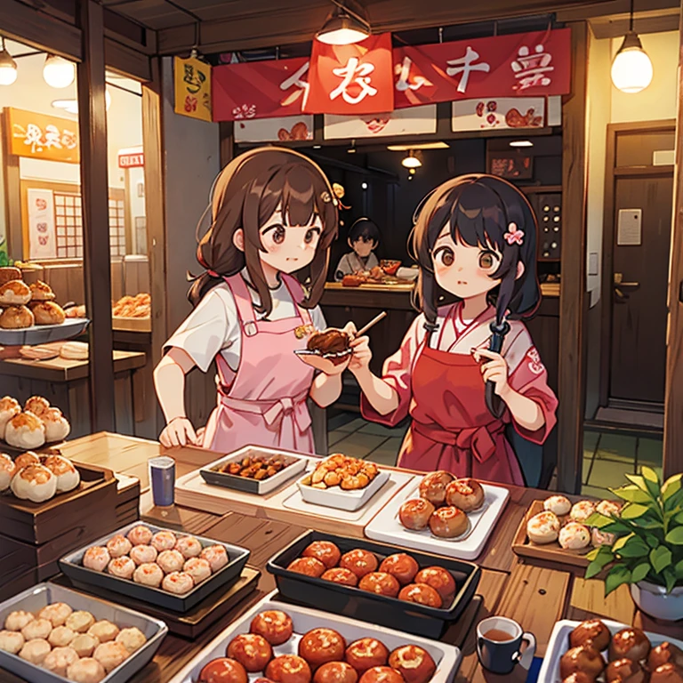 Girls grilling takoyaki at a takoyaki shop