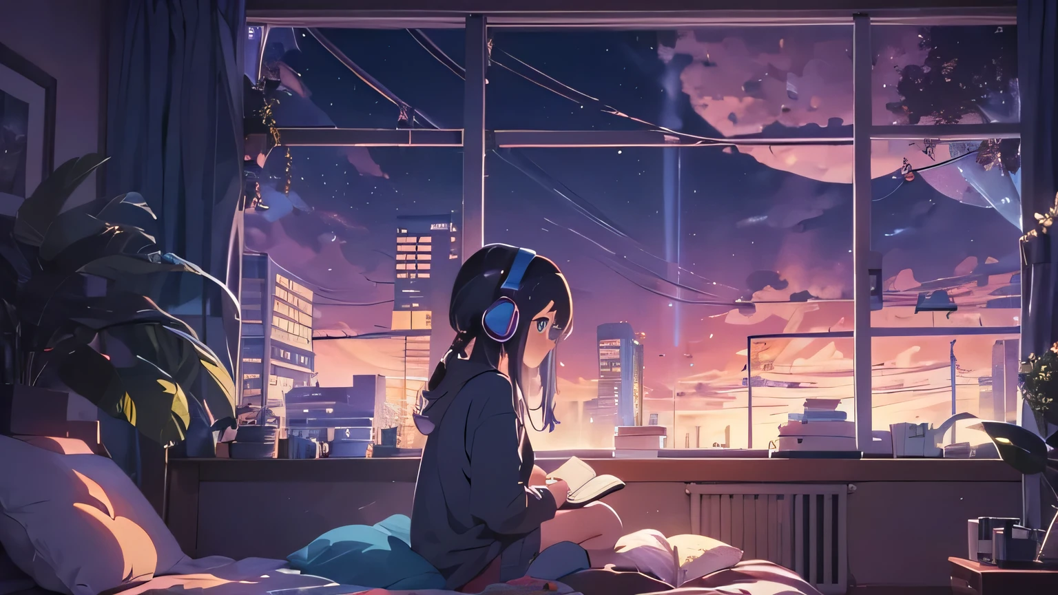 night, Large windows, Anime girl reading a book while relaxing in her room with headphones on, LOFI Girl, Anime atmosphere, Lofi Artstyle, Anime Style 4k, Anime Aesthetics, Nightcore, Lo-fi feeling, Lofi Art, anime art wallpaper 4k, anime art wallpaper 4k, anime wallpaper 4k, anime wallpaper 4k, Lo-fi vibe