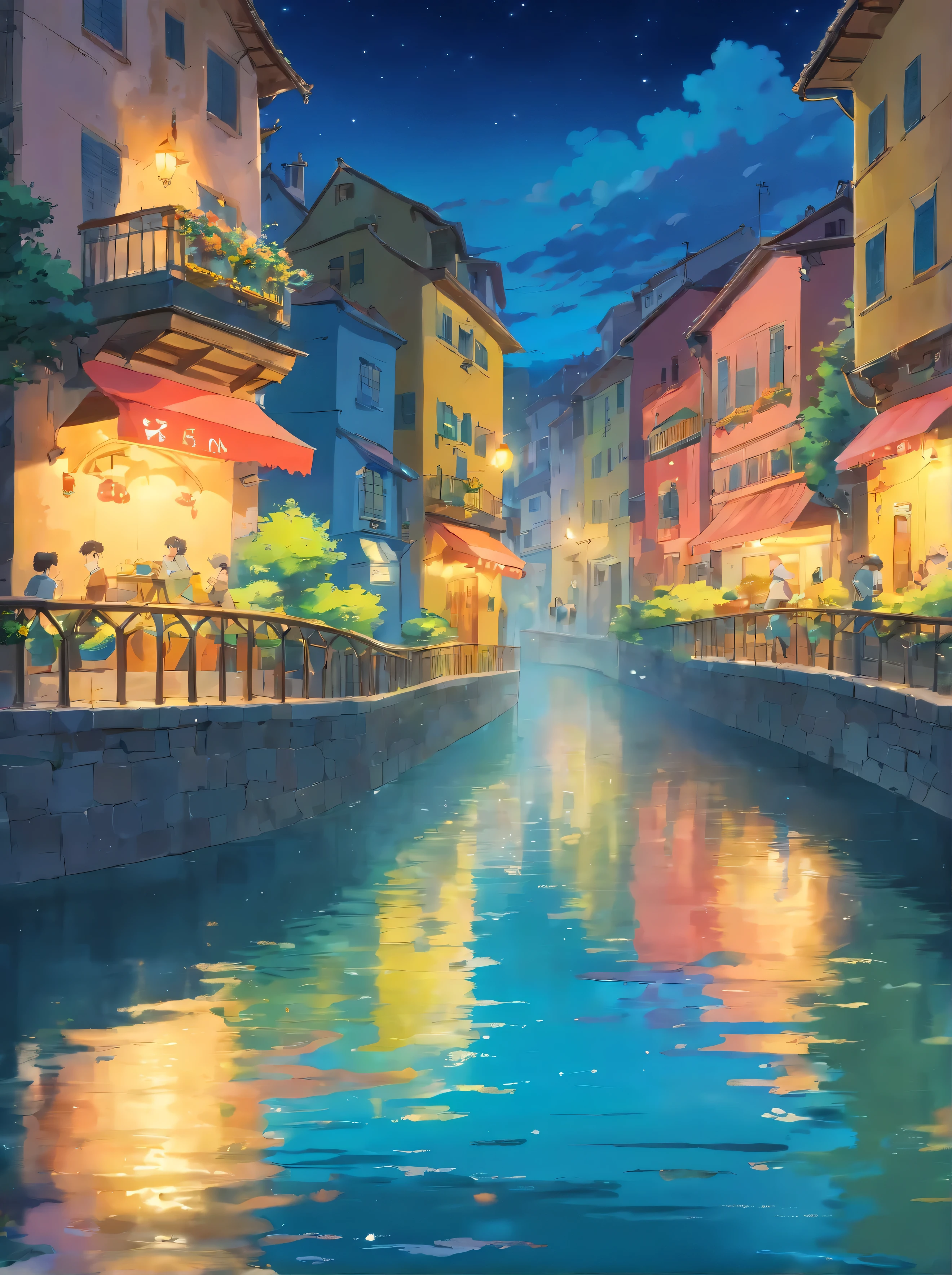 ((Best quality)), ((masterpiece)),European classical town,mist,(2d:1),(floating colorful water:1.3),close shot,pleasant,Night
