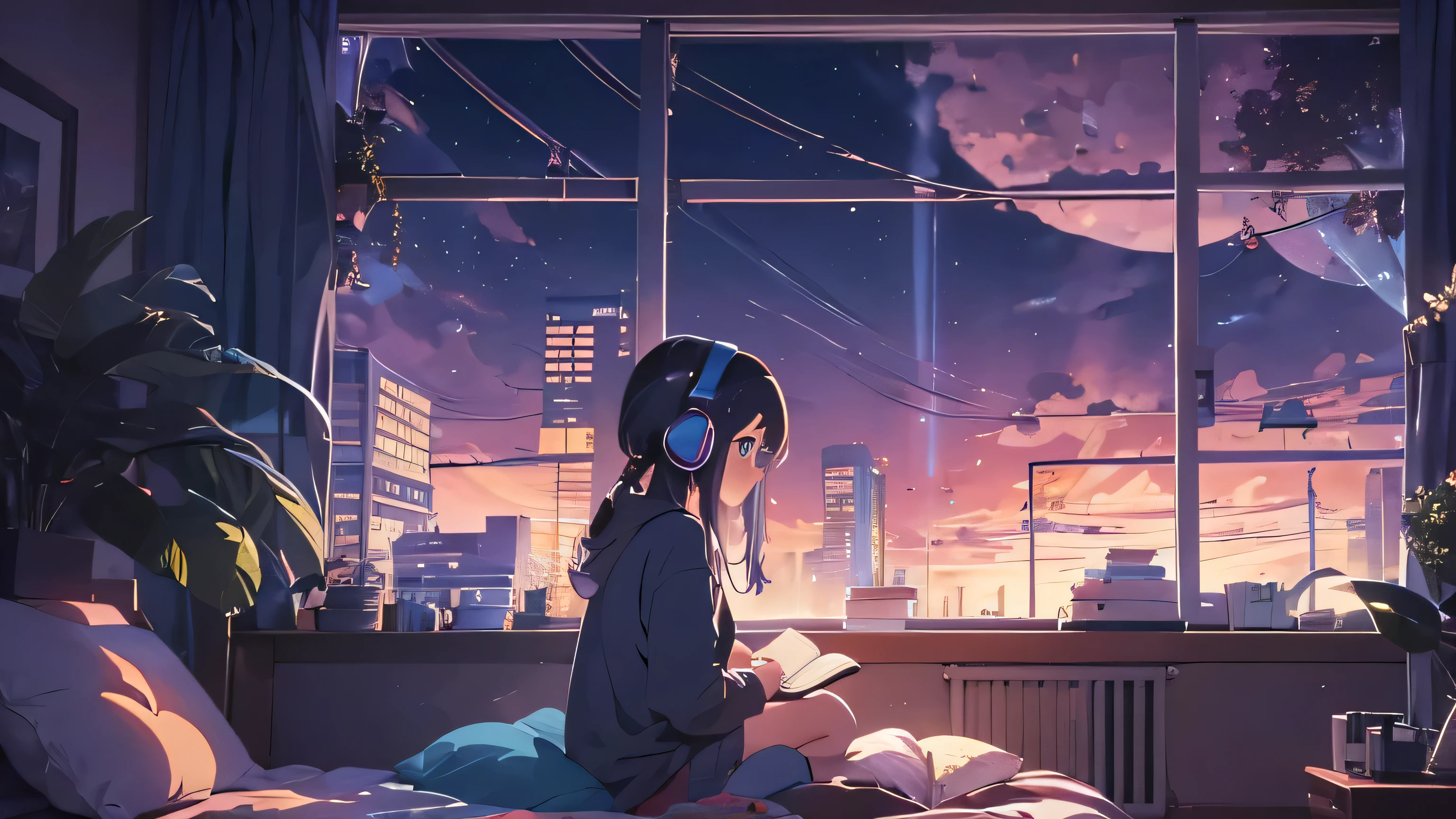 night, Large windows, Anime girl reading a book while relaxing in her room with headphones on, LOFI Girl, Anime atmosphere, Lofi Artstyle, Anime Style 4k, Anime Aesthetics, Nightcore, Lo-fi feeling, Lofi Art, anime art wallpaper 4k, anime art wallpaper 4k, anime wallpaper 4k, anime wallpaper 4k, Lo-fi vibe