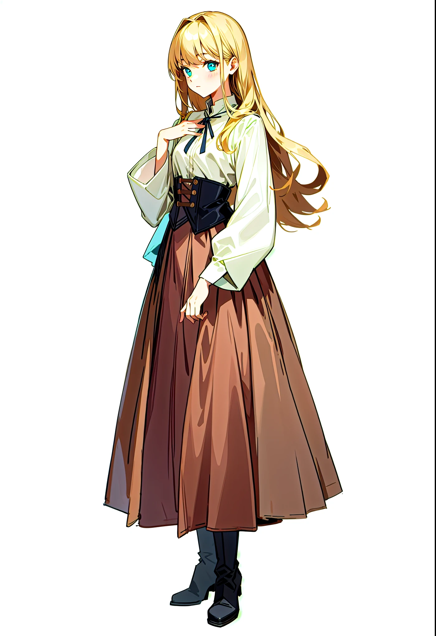 {{masterpiece}}, {{{best quality}}}, {{ultra-detailed}}, {{illustration}},{beautiful detailed},beautiful detailed glow, Best, {full body}, {{white background}}, beautiful face, long hair, One hand is placed in front of the chest, Long beige skirt, skirt length at ankles, black boots, {boots}, white clothing,