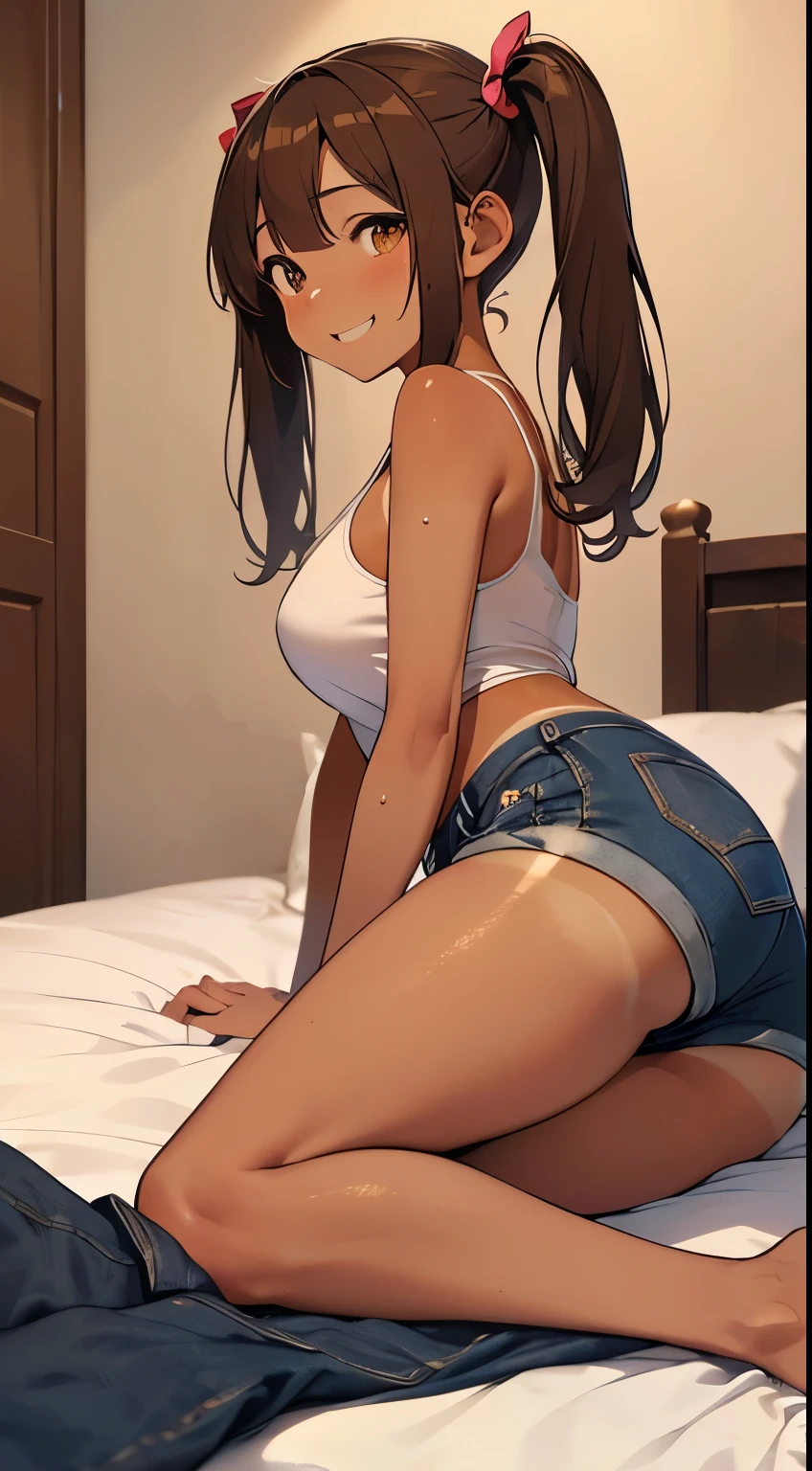 highest quality、Elementary school student bra、Beige shorts、Cool look、Stretch your legs in the room、Armpit sweat、Grass、Ecstasy face,(Attractive person)， (girl１name)， (Highly detailed face, smile) ,, (日本のgirl), Slightly round face, (Tan brown face:1.6), cute, Big eyes、2D，highest quality，(masterpiece)，(((whole bodyが映る)))，(((whole body)))，Himekaito Hatate，(Twin tails:1.6)，((Brown Hair))，Healthy brown skin，((Denim hot pants))，Pink Tank Top，Shining bare feet，barefoot，Beautiful brown eyes，Attractive thighs，Sloppy body type，Bedroom，get drunk，Upward glance，cheeks are bright red，あざでcute，Sexy as hell，Erotic look，whole bodyに汗の大きな滴，humid，Sleep with your legs stretched、My Room、（Lie down in bed.），Side View Angle，Angle to emphasize the buttocks