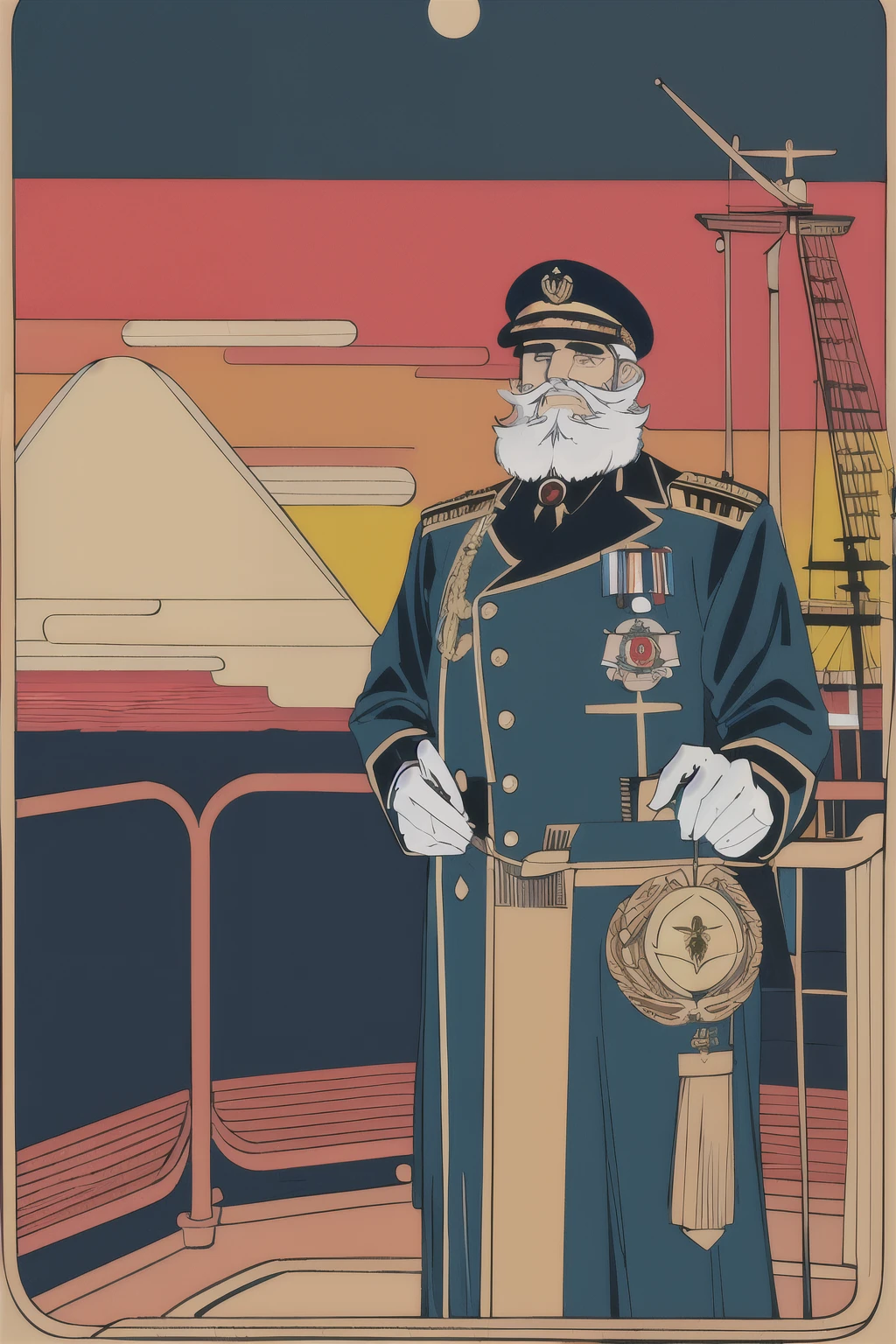 masterpiece, highest quality, Flat Color, Limited edition palette, Low contrast, (Clear lines), One man,Short Hair,Beard, Beautifully detailed face, Naval officer,Gold Badge,binoculars,avert your eyes, Are standing. cigarette, Night Sky, maritime, sunset, Battleship,On Deck,Artillery fire,Shout
