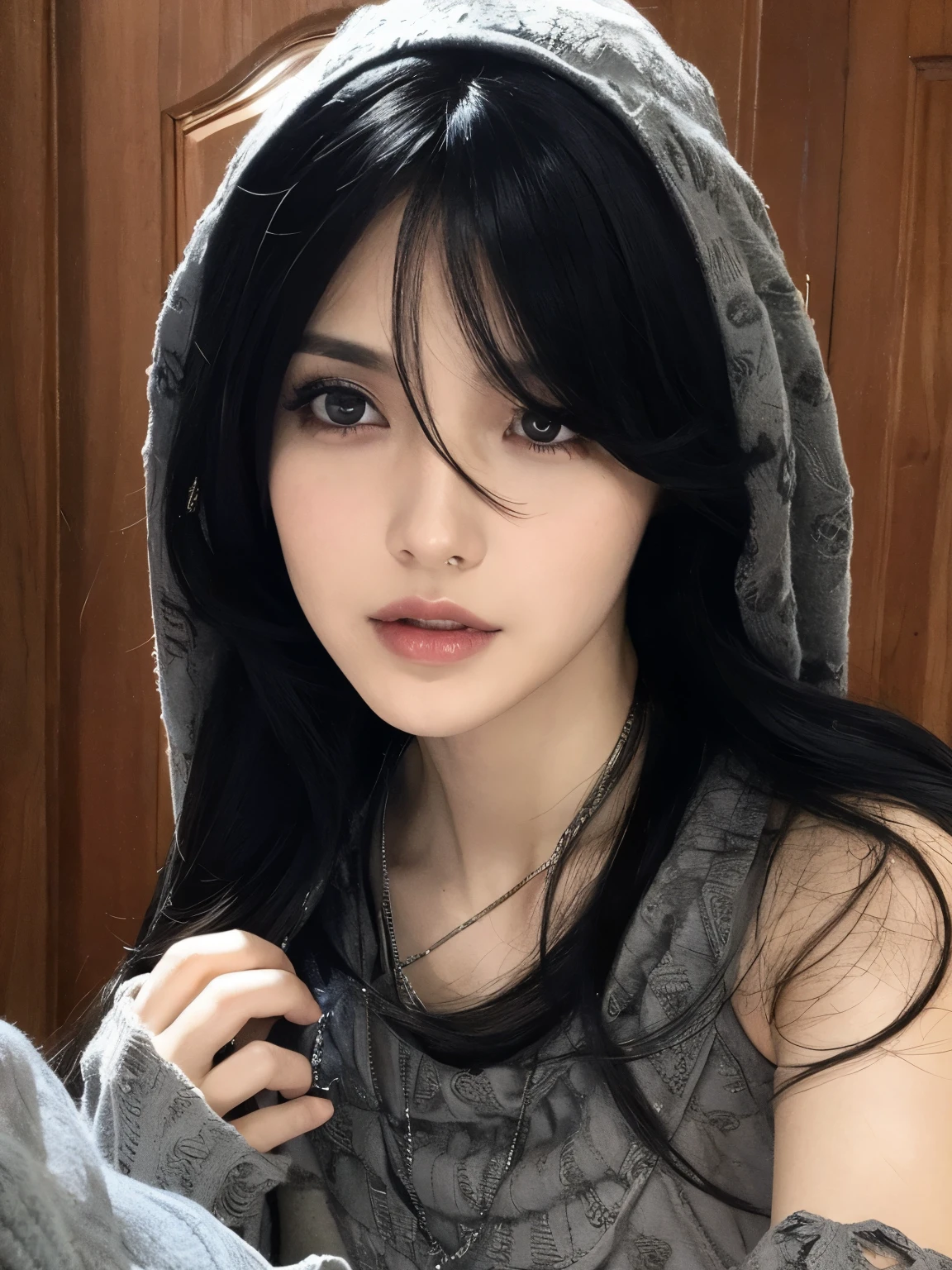 mulher bonita de cabelos pretos e olhos azuis