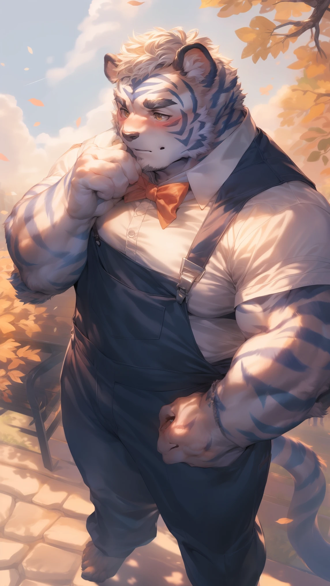 bara handsome white furred tiger furry leaning on wall wearing only tight boxer briefs, tall, massive pecs, broad shoulders, sultry gaze, purple eyes, smirking at camera seductively, sultry teasing gaze, one hand on his thigh near his bulge, running his hand through his hair, long legs, looking at viewer, slight side view, huge bulge, side view, bedroom, sunlight casting over,Bara, Furry, dynamic shading, nsfw