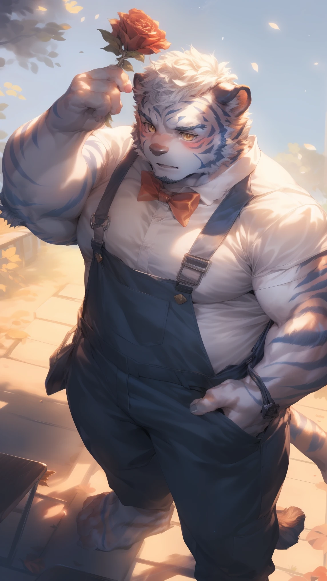 (through empty ghost, From thebigslick, through dark gems, Will chase), Keyuan Tower (Onmyoji Daisenji Temple), High quality photos, Perfect anatomical structure, Anthropomorphic white tiger, Men, 26 years old, thick eyebrows, (short hair:1.5), Light blue stripes, Tall body, Dark red shirt, White bow tie, Black overalls, Small bump, Holding a red rose, Standing under the tree,The leaves fell on his shoulders,Shy expression, blush, Golden pupils, Look up at the audience, Clear facial features, Strong, Solitary, solo, Top view, Full body image, On the streets of the city,Roadside bench, Correct gestures