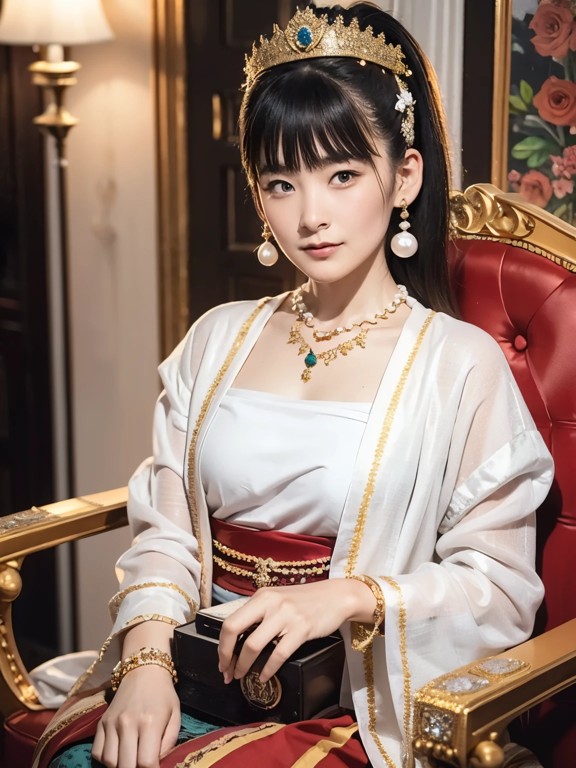 Beautiful queen wearing traditional dress with MMTD Burmese pattern,Wear a pearl necklace and a gold bracelet,Beautiful details throughout the body, Sitting in a kingly position on a long traditional golden throne in a golden palace, Myanmar traditional hairstyle,Optimal Configuration, Panorama cover photo, Centimetric lighting and ultra-realistic details, Octane Rendering, Unreal Engine, Sharp focus,32k ,UHD resolution