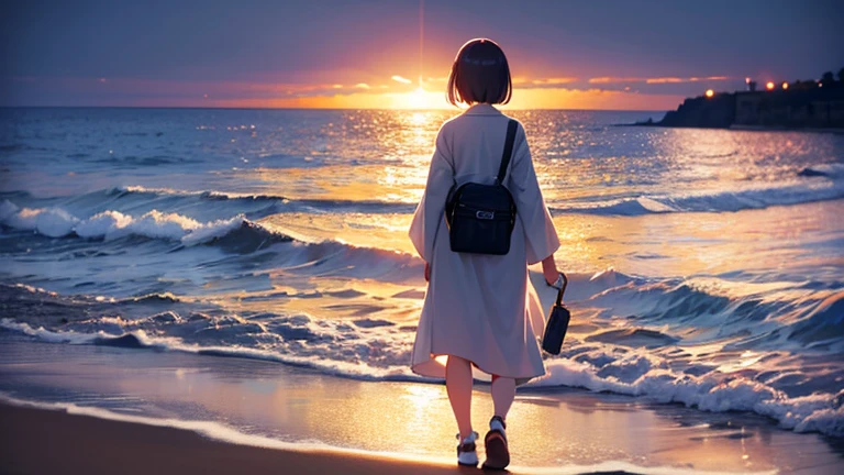 Woman walking along the sea in the evening、looking away:1.4,Short Bob、Headphones、guitar、Warm lighting、Japanese anime style