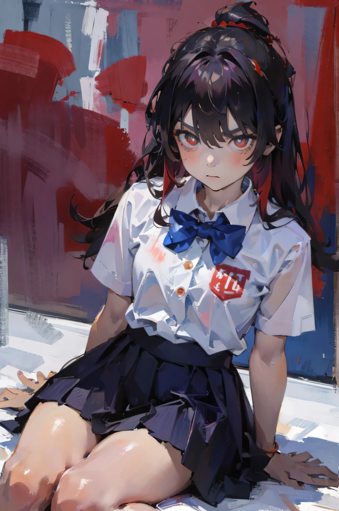 Concept map,masterpiece,Paint dripping,Oil painting style,1 girl,Solitary,Double tail,Red eyes,Plum bossom pupil,High School Students Clothes,plum bossom,Sitting,((masterpiece, best quality)), (1 Girl), (Solitary), (Female focus), ((White shirt,High School Students,Upper part of the body,Cold eyes,Very serious expression,