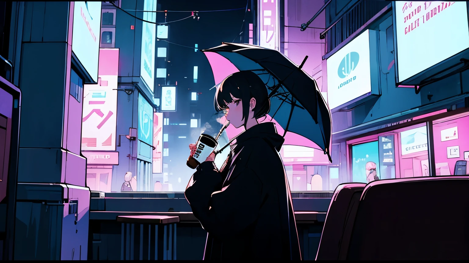Lo-Fi Girl drinking coffee in a cafe Slow Tempo Rainy city window Neon Town