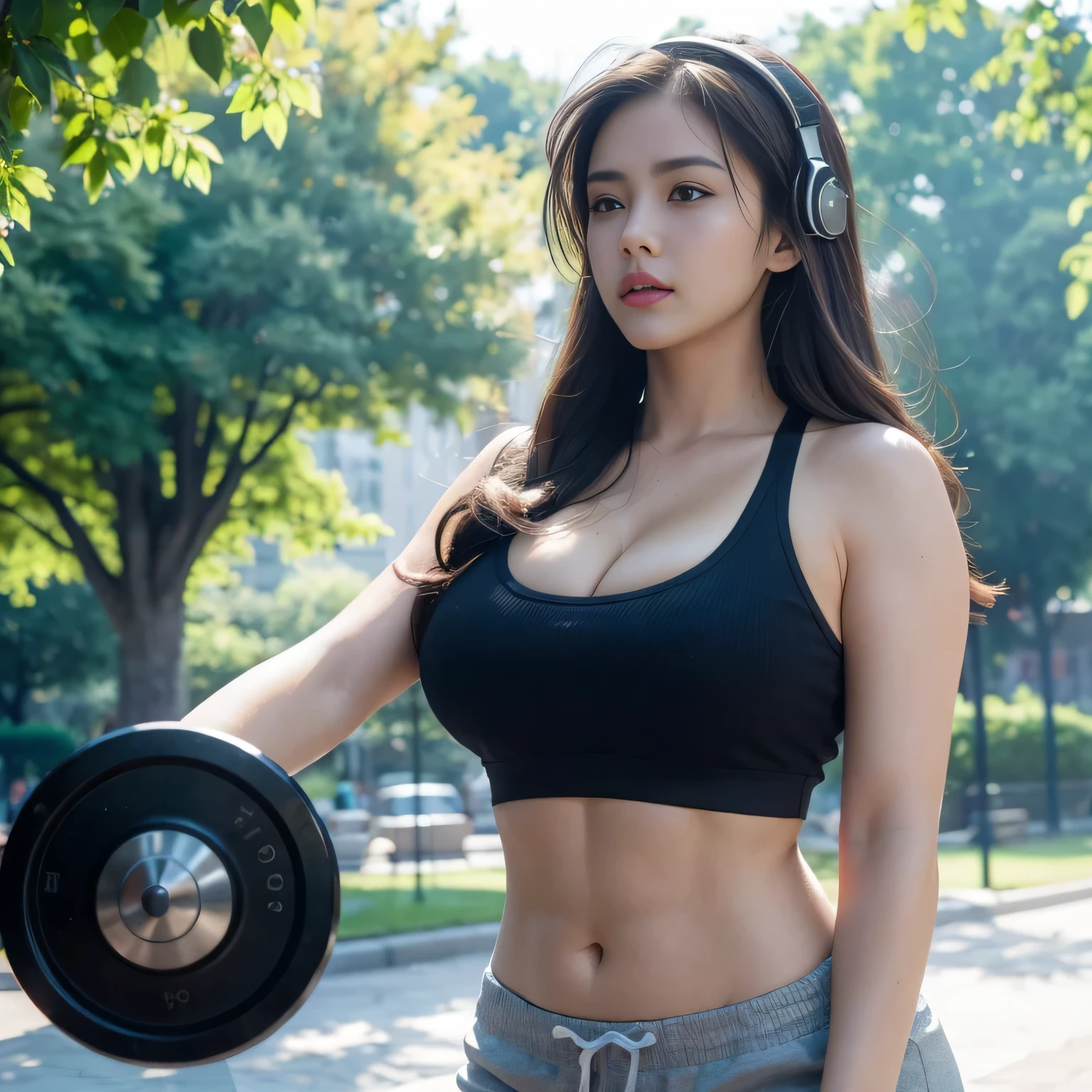 (Best quality, Ultra-detailed: 1.1), Outdoor photo, Stylish busty brunette, athletic, working out in the park, (Sweat-drenched body: 0.8), Muscles defined, (Pumping iron: 0.5), (Curvy figure: 1.3), Brown hair cascading down her shoulders, Brown eyes focused intently on the weights, (Determined expression: 0.9), Short shorts revealing sculpted thighs, Sports bra accentuating ample cleavage, Sweat beading on her forehead, Gazing into the distance, Headphones on, (Sunlit scene: