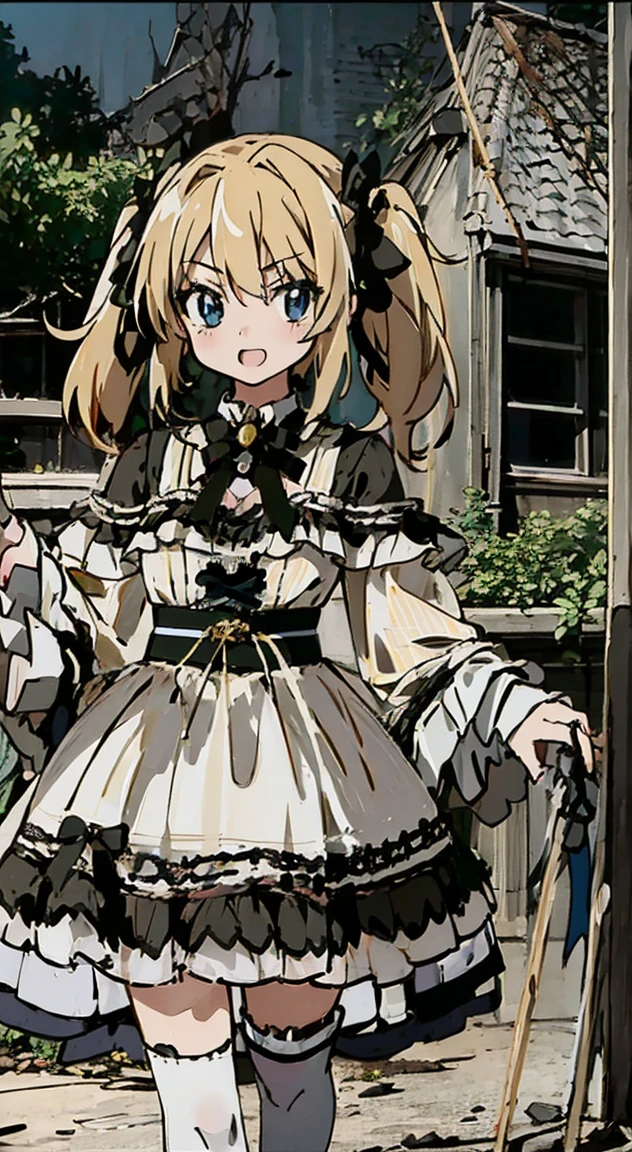 masterpiece, highest quality, (anime screencap:1.3),(shape), cute,(simple:1), (anime:1.2),Solo Sharp Focus, 1 girl, cleavage,looking at the viewer, Japan,nighttime,gold hair,((mini skirt)),Are standing, twin tails,summer ,((Black Gothic Costume)),red ribbon,dark gothic,abandoned house,lolita fashion,hair ribbon,cowboy shot,in the nighttime,Fullmoon,