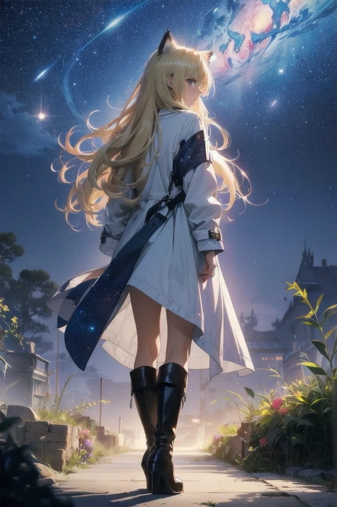 1 female,Cat ear，Blonde long hair， Wide Shot, Back view, silhouette， Knee-high boots，Long coat,High resolution,cosmic starry sky，Flower Field，(Unbelievably absurd),Anime Visual,Highly detailed CG Unity 8k wallpaper, ((masterpiece)), ((highest quality)), (Beautiful illustrations), ((Very delicate and beautiful))