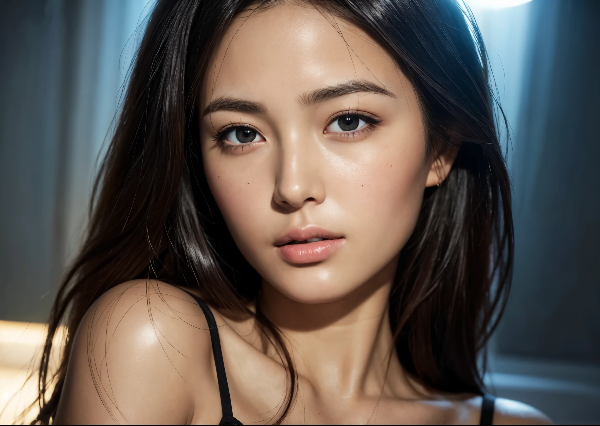 Dressed, (photo Realistic:1.4), (hyper Realistic:1.4), (Realistic:1.3), (Smoother lighting:1.05), (Improving the lighting quality of movies:0.9), 32k, One girl,20 year old girl, Realistic lighting, Backlight, Light on the face, Ray-tracing, (Bright light:1.2), (Improvement of quality:1.4), (Highest quality real texture skins:1.4), Detailed drawn eyes, Detailed painted face, Quality Eyes, (Tired, sleepy and satisfied:0.0), (Face close-up), sexy black bikini, (Enhance the mood of your body line:1.1), (Enhances the beauty of skin texture:1.1),focus on eyes,