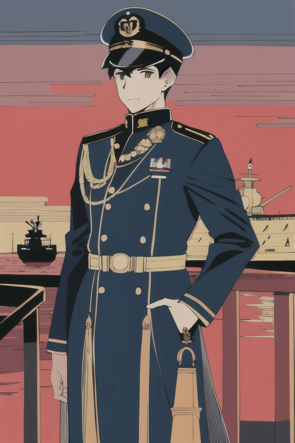 masterpiece, highest quality, Flat Color, Limited edition palette, Low contrast, (Clear lines), One man,Short Hair, Beautifully detailed face, Naval officer，young，Gold Badge，binoculars，avert your eyes, Are standing. cigarette, Night Sky, maritime, sunset, Battleship，On Deck，Artillery fire，Shout