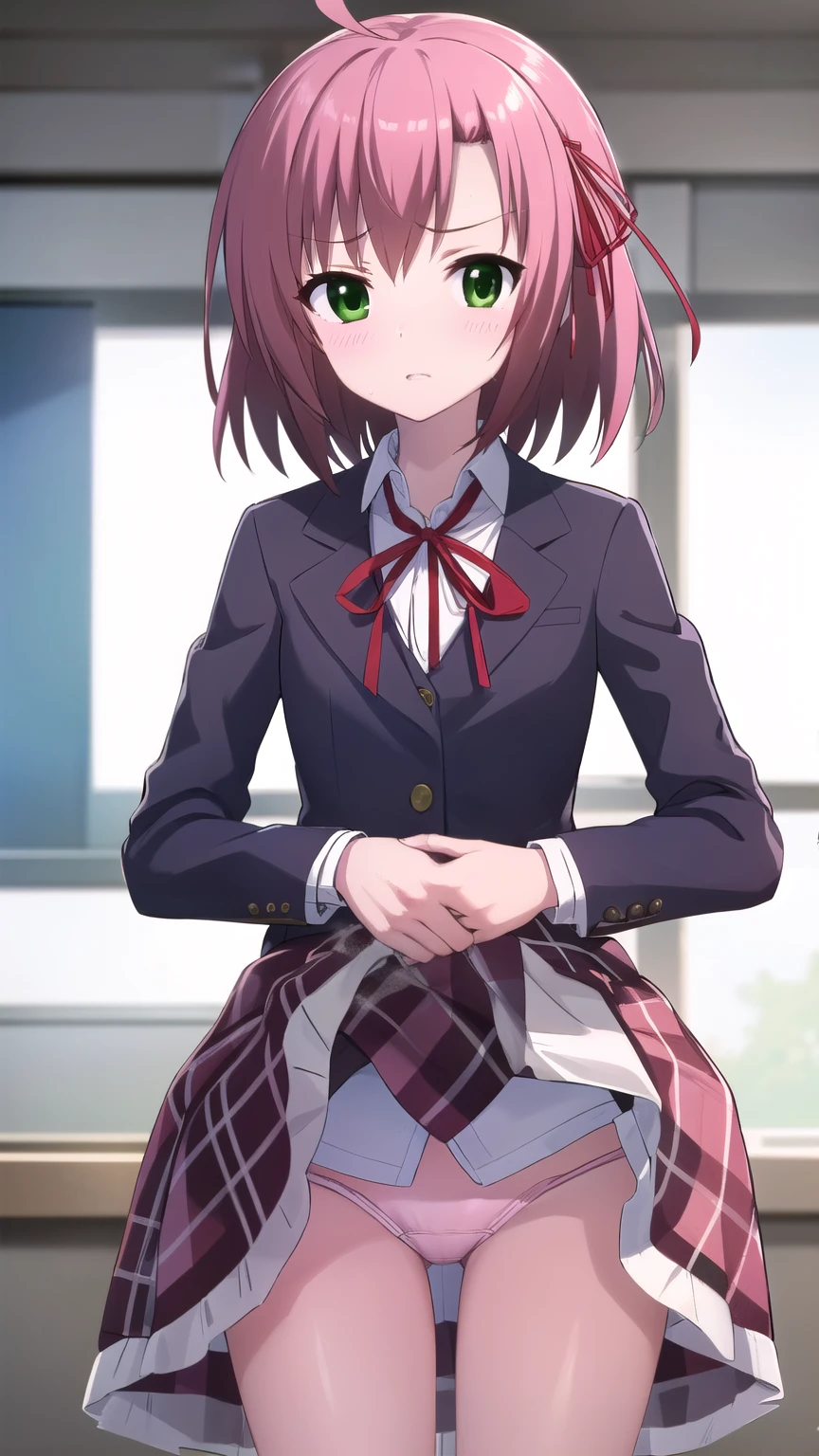 kurimusakurano, kurimu sakurano, short hair, ribbon, (Green Eyes:1.3), hair ribbon, Pink Hair, Ahoge, anger,Sweat, Open your mouth,
break skirt, , Plaid, Plaid skirt, shirt, white shirt, collared shirt, Jacket, Long sleeve,
break indoors, classroom,
break looking at viewer,Skirt Lift,Panties in full view, (Cowboy Shot:1.5),
break (masterpiece:1.2), highest quality, High resolution, unity 8k wallpaper, (figure:0.8), (Beautiful fine details:1.6), Highly detailed face, Perfect lighting, Highly detailed CG, (Perfect hands, Perfect Anatomy),