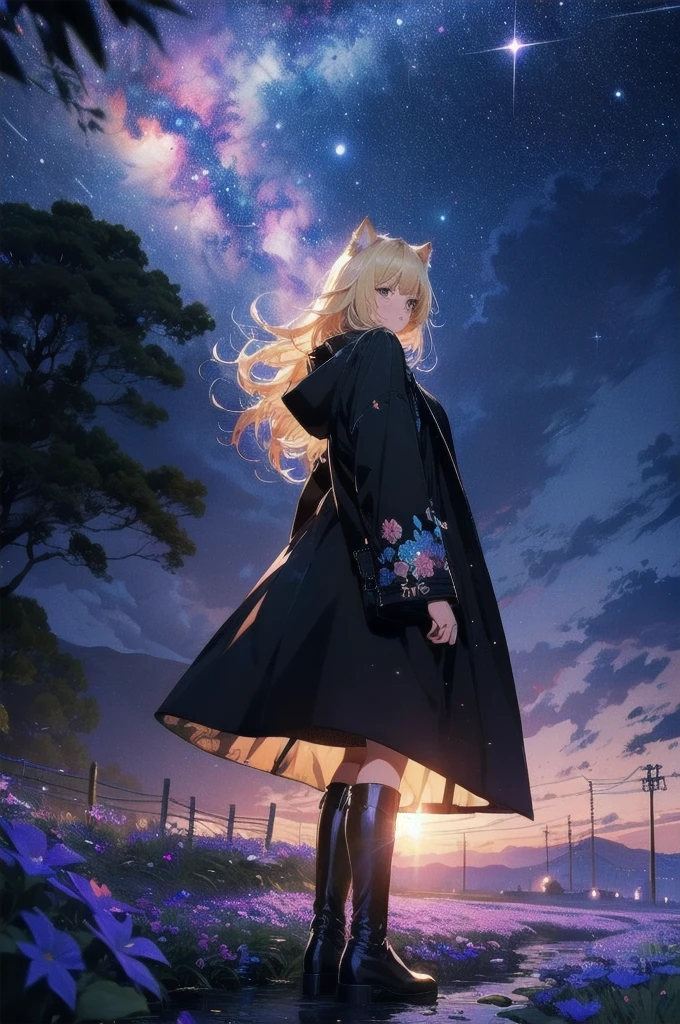 1 female,Cat ear，Blonde long hair， Wide Shot, standing behind, silhouette， Knee-high boots，Long coat,High resolution,cosmic starry sky，Flower Field，(Unbelievably absurd),Anime Visual,Highly detailed CG Unity 8k wallpaper, ((masterpiece)), ((highest quality)), (Beautiful illustrations), ((Very delicate and beautiful))