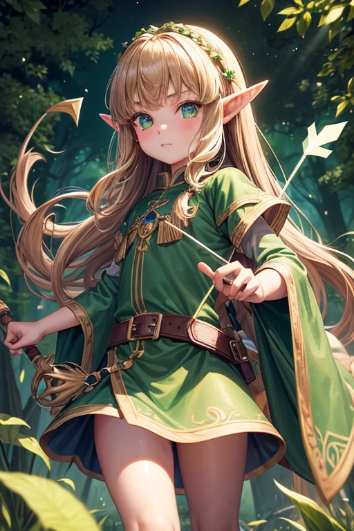 5 year old elf girl with long blonde brown hair, peinado desorenado largo con un fleco, pointed elf ears medieval archer clothing green color green eyes holding a brown bow with a jade-tipped arrow brown shoes brown leather belt jade ornaments in forest background with magical symbols