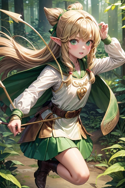 5 year old elf girl with long blonde brown hair, peinado desorenado largo con un fleco, pointed elf ears medieval archer clothing green color green eyes holding a brown bow with a jade-tipped arrow brown shoes brown leather belt jade ornaments in forest background with magical symbols