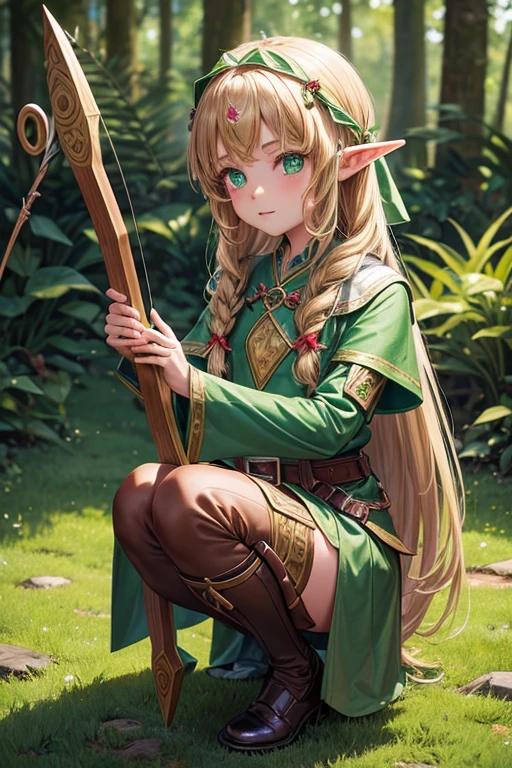 5 year old elf girl with long blonde brown hair, peinado desorenado largo con un fleco, pointed elf ears medieval archer clothing green color green eyes holding a brown bow with a jade-tipped arrow brown shoes brown leather belt jade ornaments in forest background with magical symbols