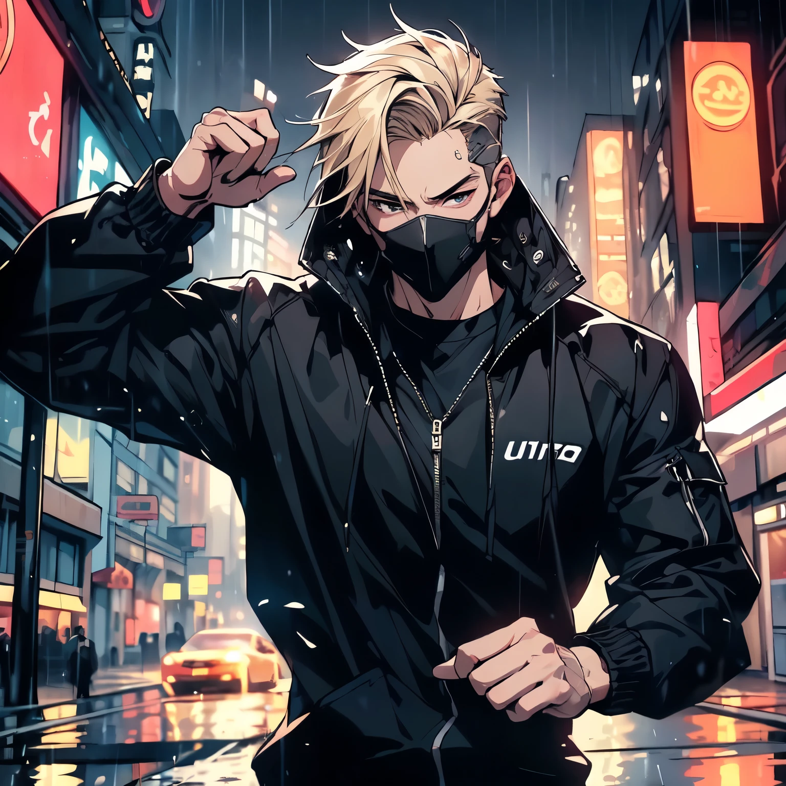 A blonde hair，A 30-year-old man wearing a black windbreaker and a mask，Running on rainy city streets，The expression is fierce（Upper body display：1.5）（cinematic lighting：1.5）)(ultra-high detail:1.5)(best quality:1.5)