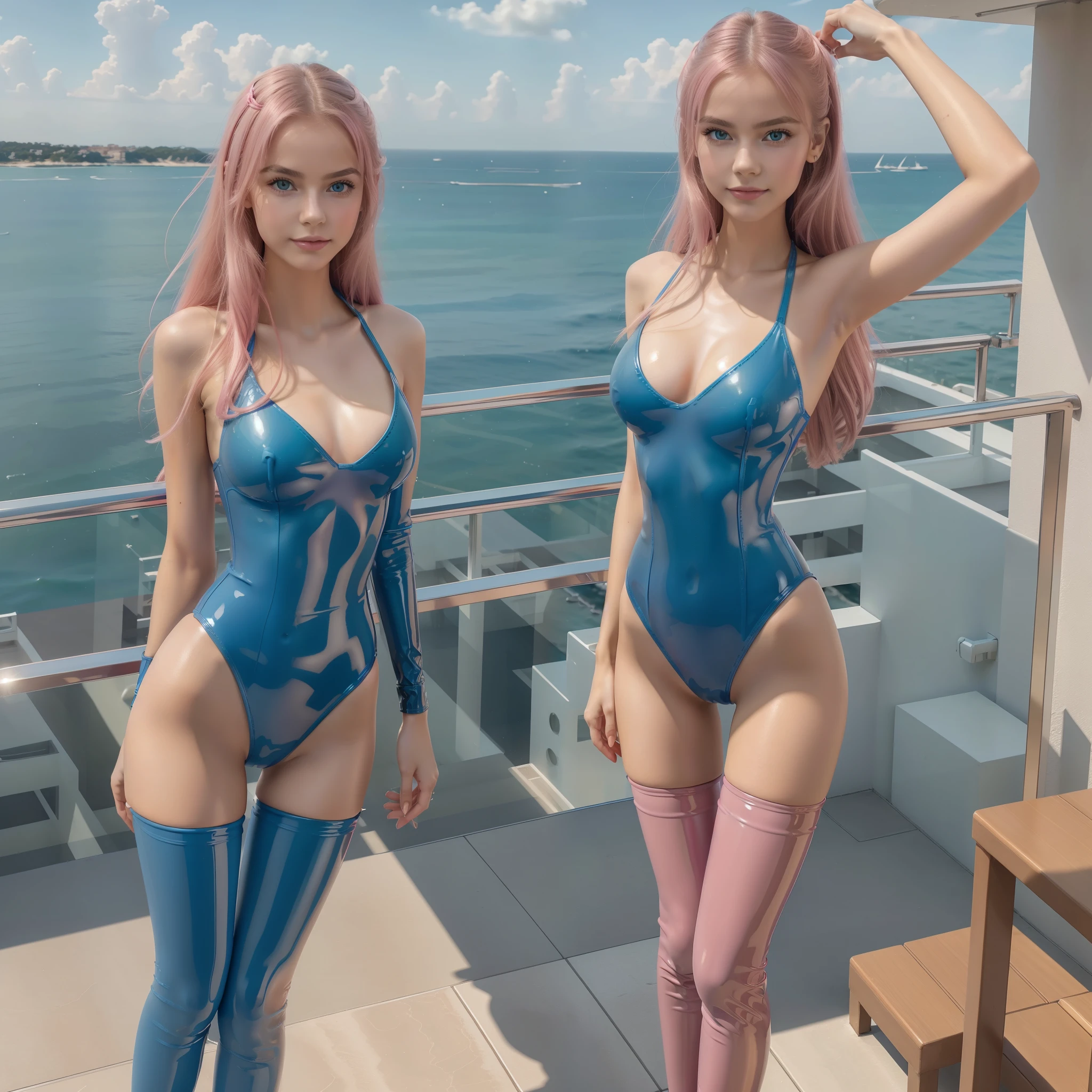 sexy twin girls, Pink shiny long messy Hair , cute, beautiful ballerina, stunning Russian Scandinavian,  girls, pink hair, skinny, slim, small breast, no breast,  ballerina, petie very skinny, Tall, long legs, (long legs 1.5) barbie look, (highly detailed face), (seductive smile), perfect face, Pink Latex bluse, High Cut latex bikini, latex bikini, light-blue Latex, pink latex, Long Black Latex stockings, (long latex stockings) gold Shiny Lacquer PVC Shoes, (high heels), 15 inch platform heels. Perfektes Gesicht, Detaillierte Augen,Detaillierte Lippen,Detailed hands,lange Wimpern,vollbusig,niedlich,portrait,hight resolution,realistisch ,Lebendige Farben,masterpiece,award-winning-photo, ultra detailliert, ultra quality photo, 4k photo, ultra realitic, shot from above, selfie shot, selfie, standing on a balcony with the sea behind, in sunset, dramatic backlight, Higly detaled, cinematic picture, high contrast, 8k raw, Film grain, 