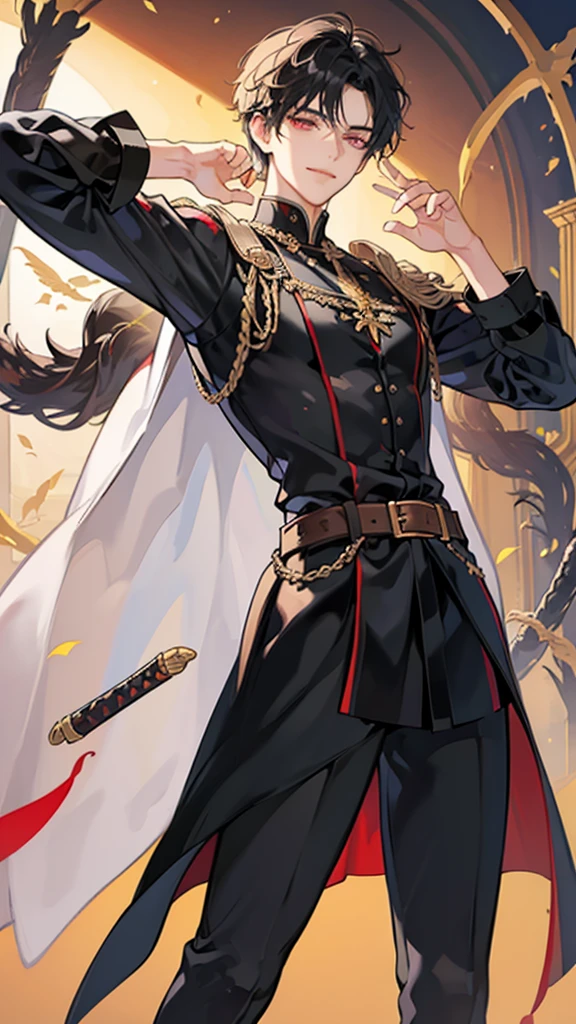 1 Man, male character, Short hair, black_hair, red_pupils, Golden_pupils, beautiful_Face, beautiful_body, graceful_features_Face, black_cloth, two_hands, five fingers on each hand, golden sword on belt, One Sword, long_boots, boots on Laces, cunning_smile, good_smile.Not_girl. Not_woman. Not a girl.