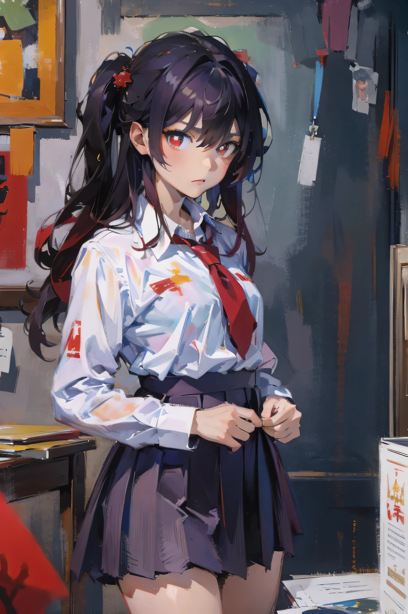 Concept map，masterpiece，Paint dripping，Oil painting style，1 girl，Solitary，Double tail，Red eyes，Plum bossom pupil，High School Students Clothes，plum bossom，((masterpiece, best quality)), (1 Girl), (Solitary), (Female focus), ((White shirt，High School Students，Upper part of the body，Cold eyes，Very serious expression，