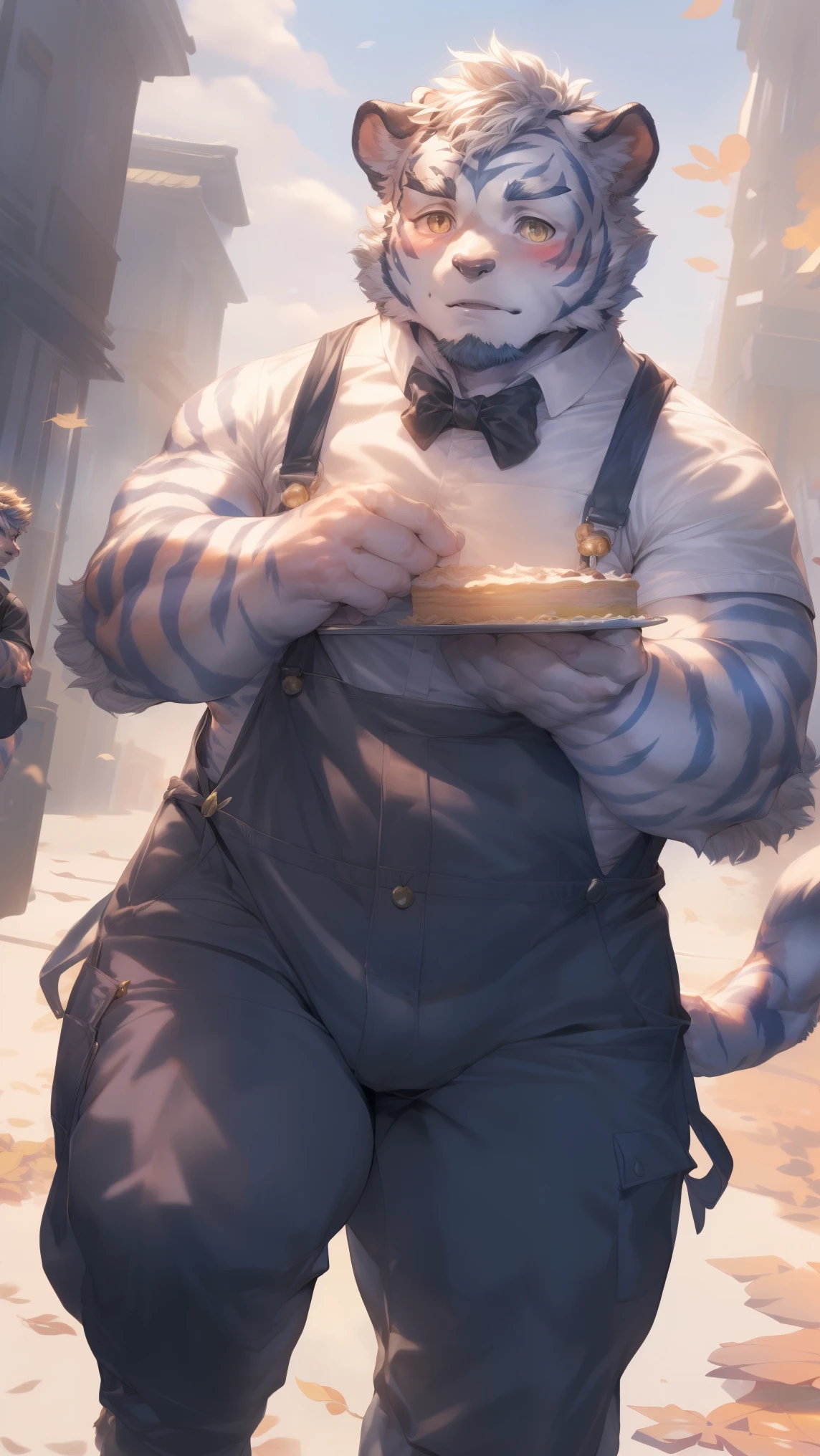 (through empty ghost, From thebigslick, through dark gems, Will chase), Keyuan Tower (Onmyoji Daisenji Temple), High quality photos, Perfect anatomical structure, Anthropomorphic white tiger, Men, 26 years old, thick eyebrows, (short hair:1.5), Light blue stripes, Tall body, Dark shirt, White bow tie, Black overalls, Small bump, Holding a box of cake, Standing on the street, The leaves fell on his shoulders，Shy expression, blush, Golden pupils, Looking at the audience, Clear facial features, Solitary, solo, Front view, Full body image, On the streets of the city，Roadside bench, Correct gestures