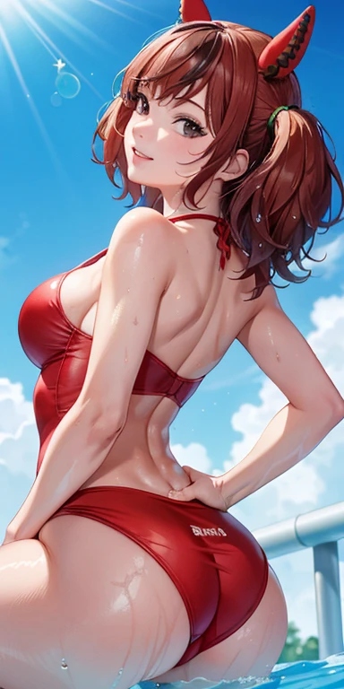 nicenature、Close-up of the butt looking up from below、Get wet all over 1.5.Realistic、squat butt emphasis、13 year old girl、wearing a red swimsuit,smile,cleavage emphasis,face reality,lips are a little red,cheeks are a little red,Sexy,pool