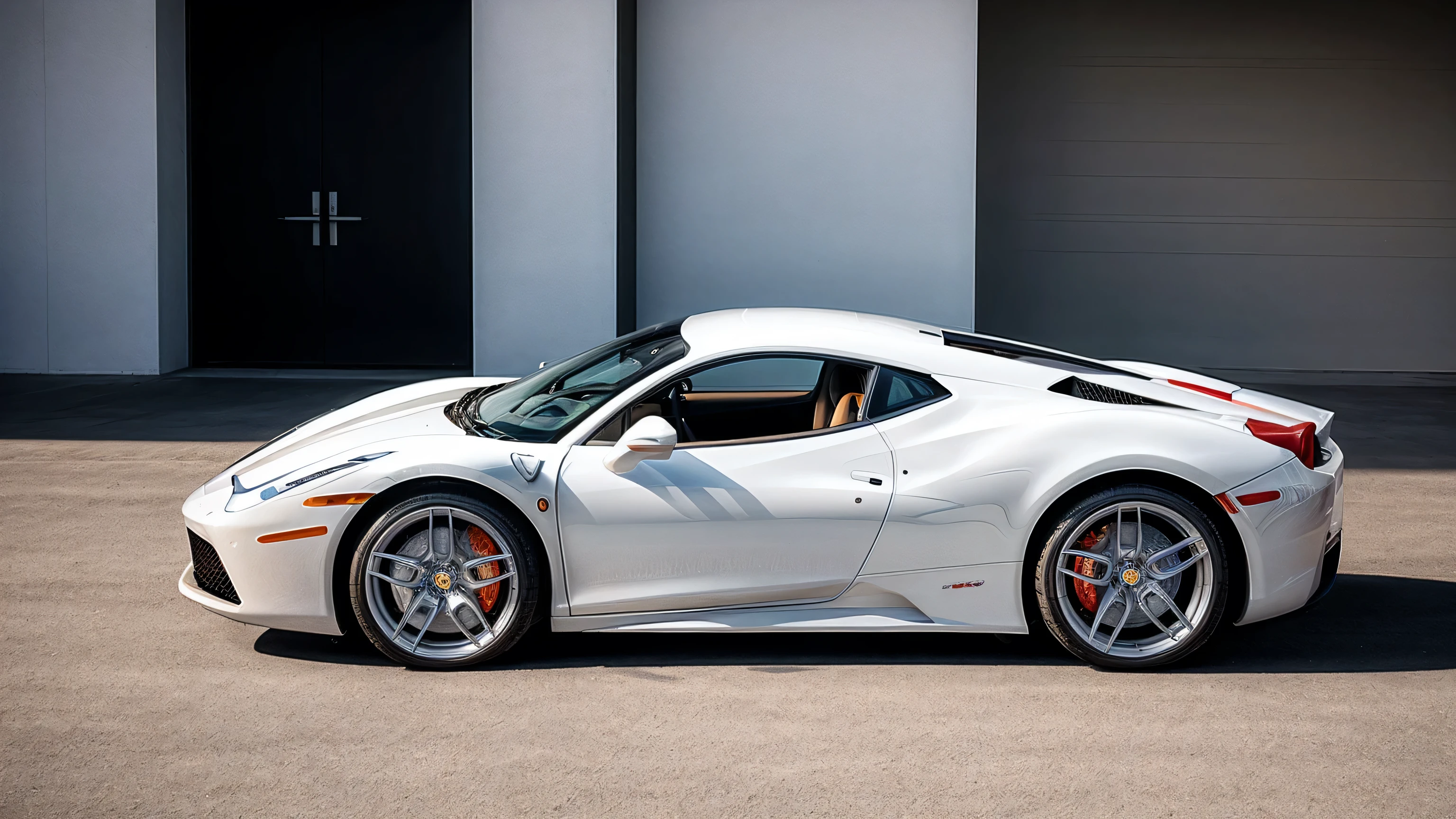 A cute blonde in a short white dress leaned against a white Ferrari 458, High detail, model photography, photoshoot