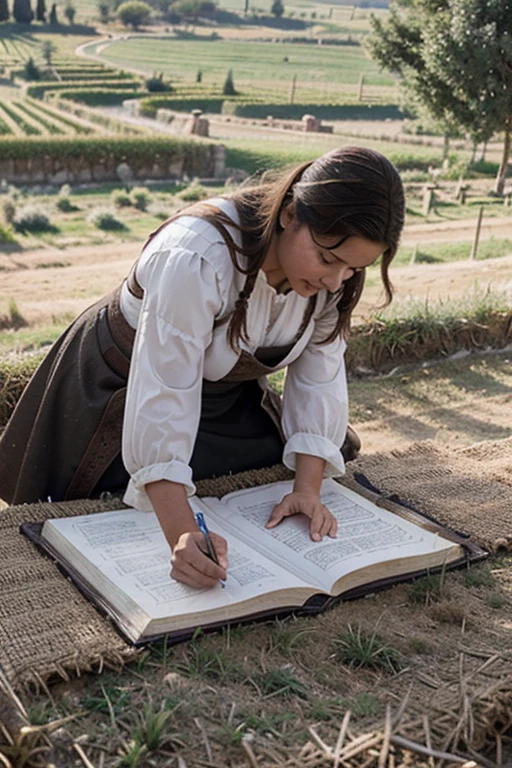 una imagen de un escriba en tiempo medieval haciendo la contabilidad en el campo de trigo
