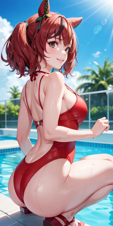 nicenature、Close-up of the butt looking up from below、Get wet all over 1.5.Realistic、squat butt emphasis、 girl、wearing a red swimsuit，smile，cleavage emphasis，face reality，lips are a little red，cheeks are a little red，Sexy，pool