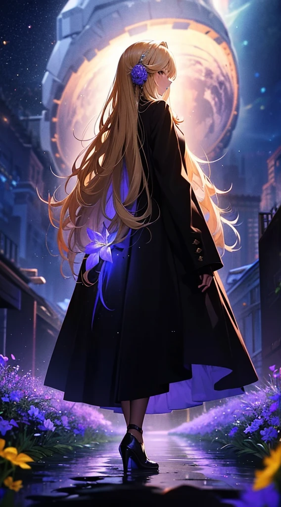 1people々々,Blonde long-haired woman,Long coat, Dress Silhouette, Rear View,Space Sky, Flower Field,Colorful flowers