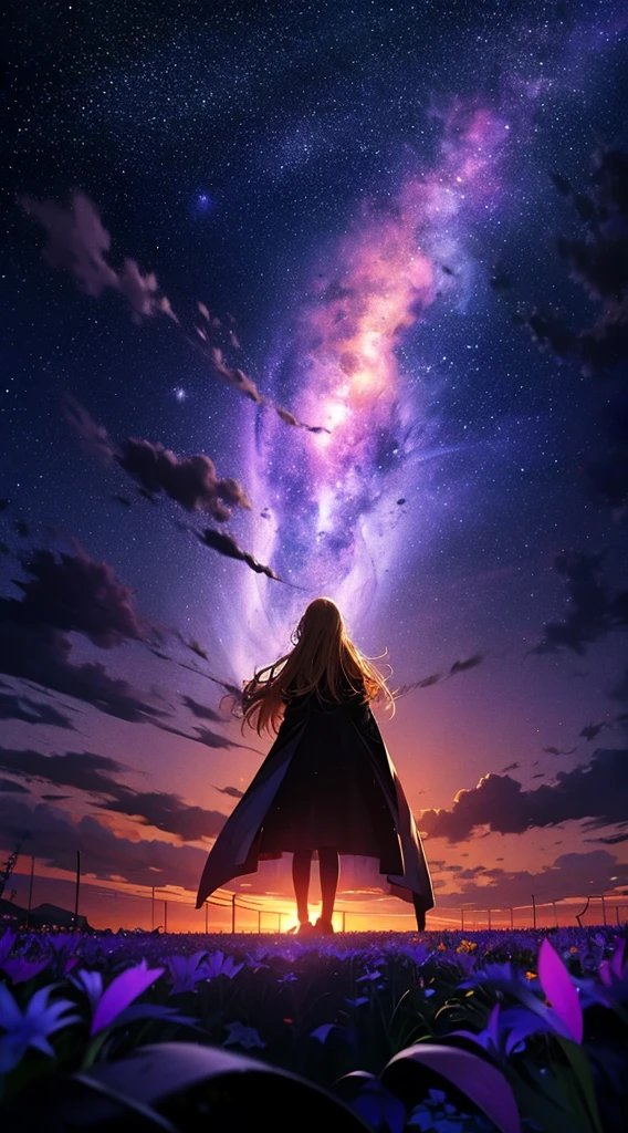 1people々々,Blonde long-haired woman,Long coat, Dress Silhouette, Rear View,Space Sky, Flower Field,Colorful flowers