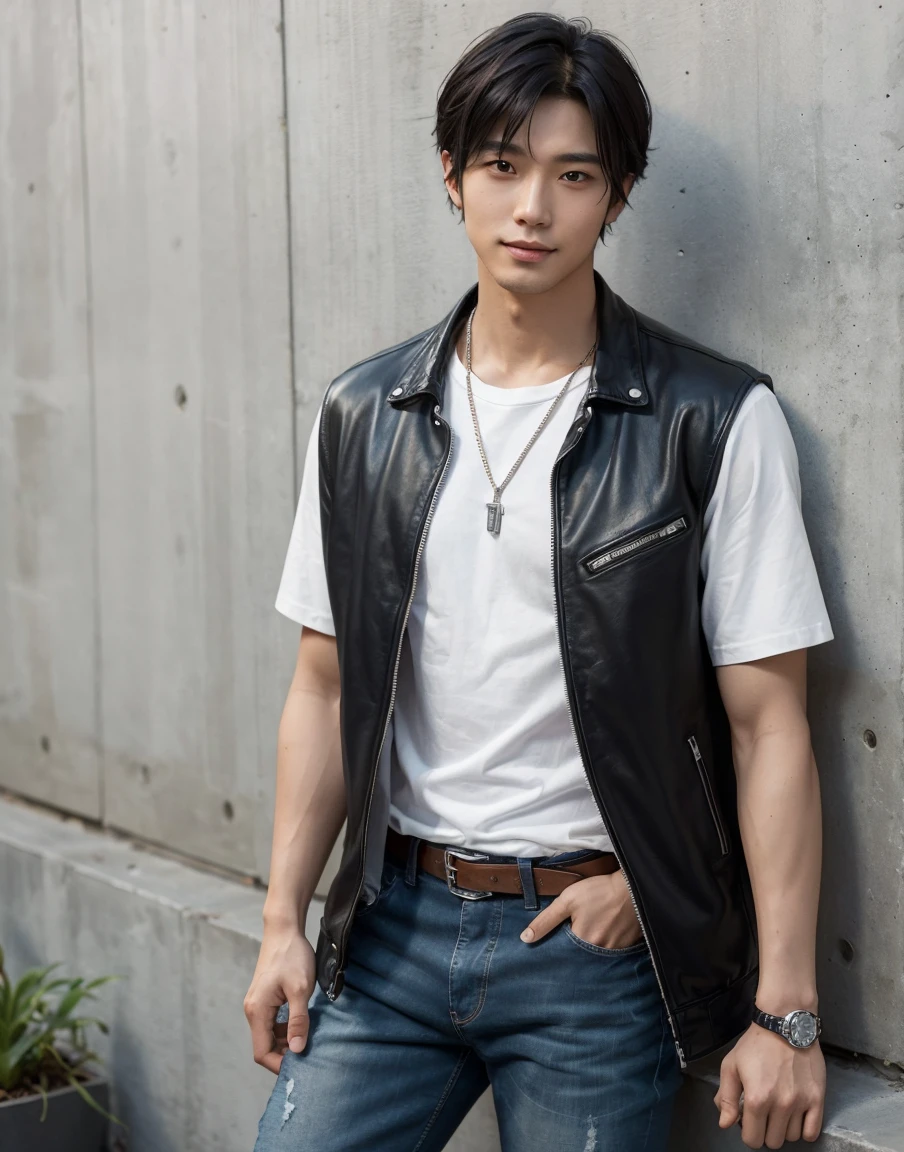 A 30-year-old East Asian man with large eyes and a high nose. He has a medium-length hairstyle with short sides and swept front bangs, with dark brown or black hair that has a hint of blue. He stands at around 180cm tall with a slim and toned physique. His occupation is a freelance photographer or novelist. He wears a dark-toned slim-fit jacket over a white t-shirt, distressed jeans, and leather sandals. Accessories include a fine silver chain necklace and a silver metal-strap wristwatch. The background setting is either a cityscape at dusk or the interior of a modern café, and his pose is leaning against a wall with a smile.Cool and mysterious look