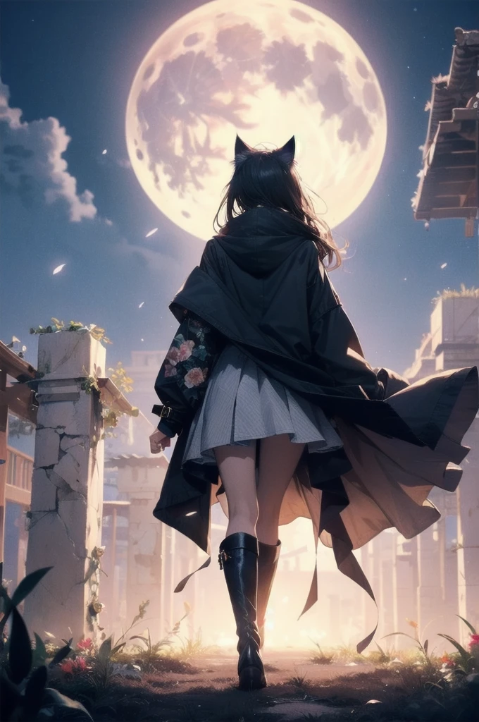 1 female,Cat ear, Wide Shot, standing in リヤビューof bloody full-moon,Back view, From below ,silhouette, Knee-high boots,Long coat,High resolution,Flower Field,(Unbelievably absurd),Anime Visual,Highly detailed CG Unity 8k wallpaper, ((masterpiece)), ((highest quality)), (Beautiful illustrations), ((Very delicate and beautiful))