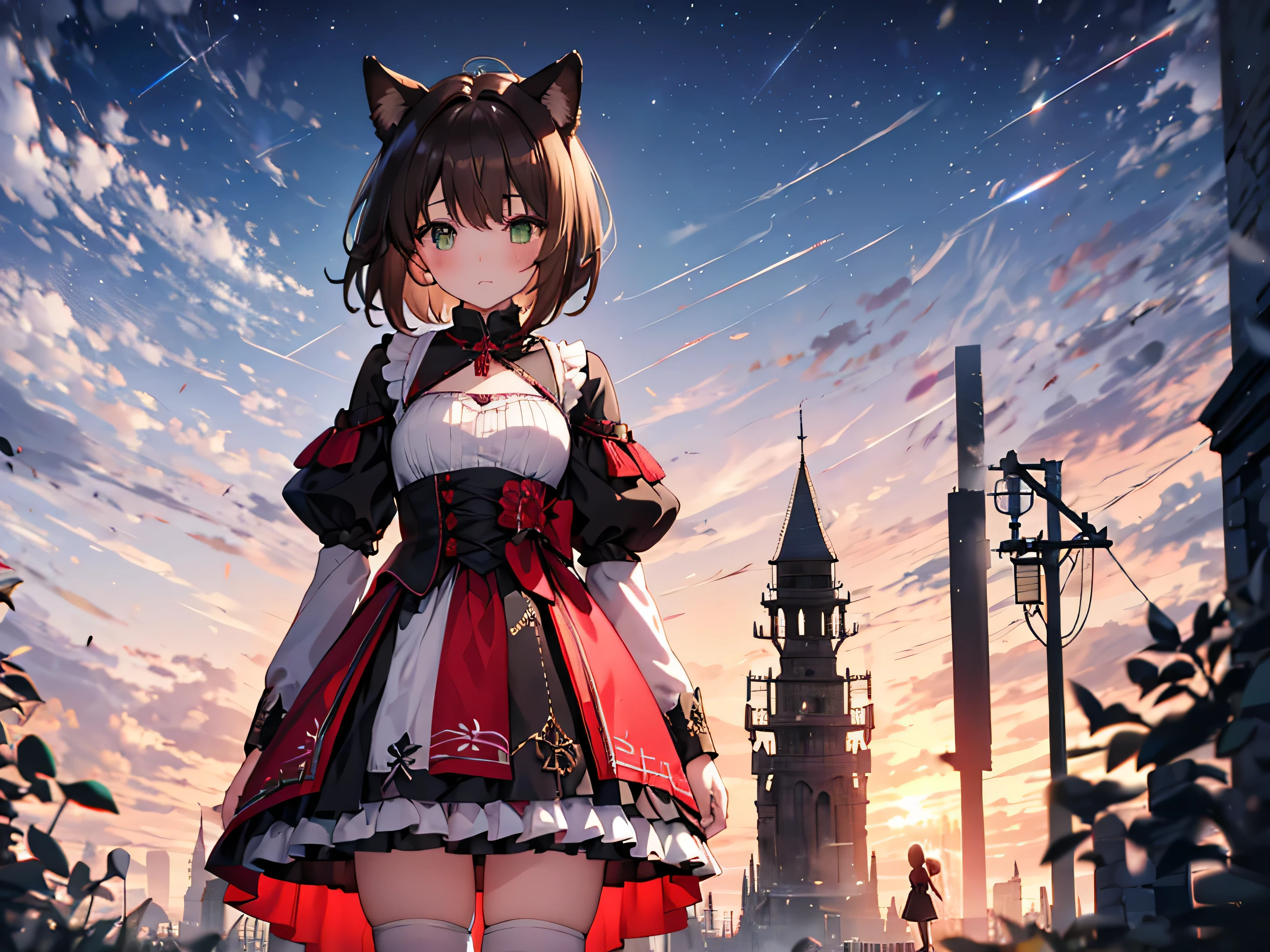 -yeld gi one person, Green Eyes, Brown Hair, Dog ears, Dog tail, Short Bob Hair, Small breasts,red and white gothic lolita, mini skirt, Short stature, Expressionless, 32K image quality, Ancient battlefield, Clothes with very detailed embroidery,