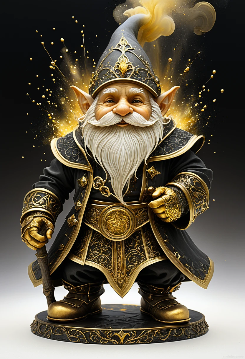 Dwarf. Jean-Baptiste Monge created an award-winning painting with incredible detail. Stunning fantasy gnome has a beautiful face, in the center of a white background, clear quality, sharp focus, fine art, beautiful, stunning fantasy book, award winning, complex, sharp focus, fairytale illustration,
golden patterns, golden and black spirit, liquid gold explosion, golden smoke magic, star dust, golden milky way, black background, magic fog, alcohol ink,