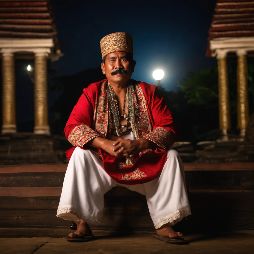 A slightly fat West Sumatran Padang man with a bushy mustache was wearing traditional Batusangkar clothes. Sit on a chair in front of the Minangkabau traditional building. At night. Alone. Good lighting. Genuine leather texture. Best resolution. RAW.