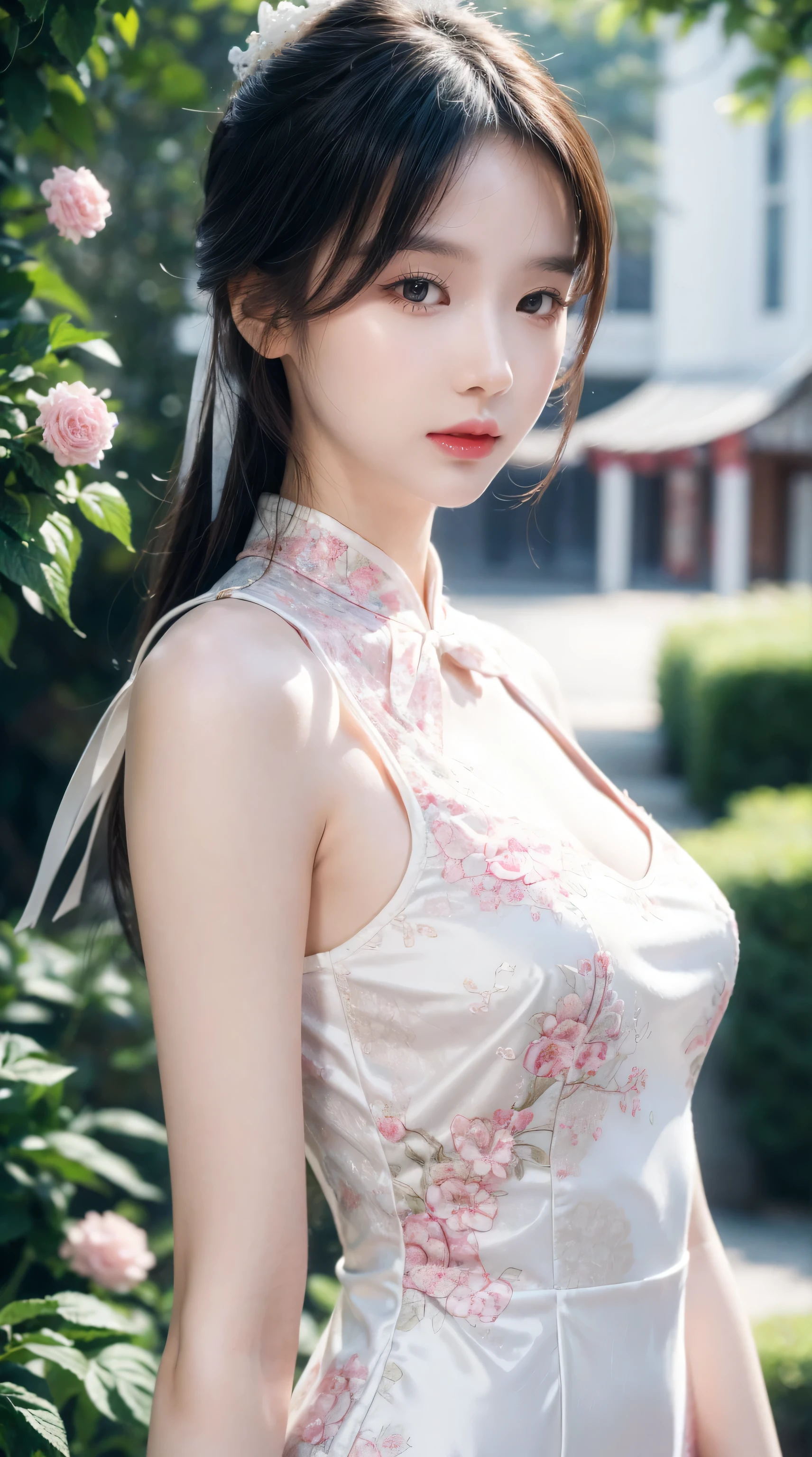 (masterpiece), best quality, high resolution, Super detailed, character close up, A beautiful white dress in Chinese style, Chinese elegant dress, Fine details, Cheongsam is beautiful and elegant, Colorful, Clothes floating, dramaticangle, Close to nature (close up), Require, warm color,Like sunshine,focus,Personal warmth, Champagne, The details stand out, Extra long ribbon, Open it, whole body, Many details, Pink petals, Sunlight on the skin, splendor, hairpin, Hydrangea, boudoir.