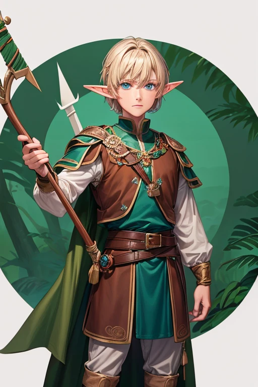 30 year old elf man with short blonde brown hair, peinado desorenado corto con un fleco, pointed elf ears medieval archer clothing green color blue eyes holding a brown bow with a jade-tipped arrow brown shoes brown leather belt jade ornaments in forest background with magical symbols