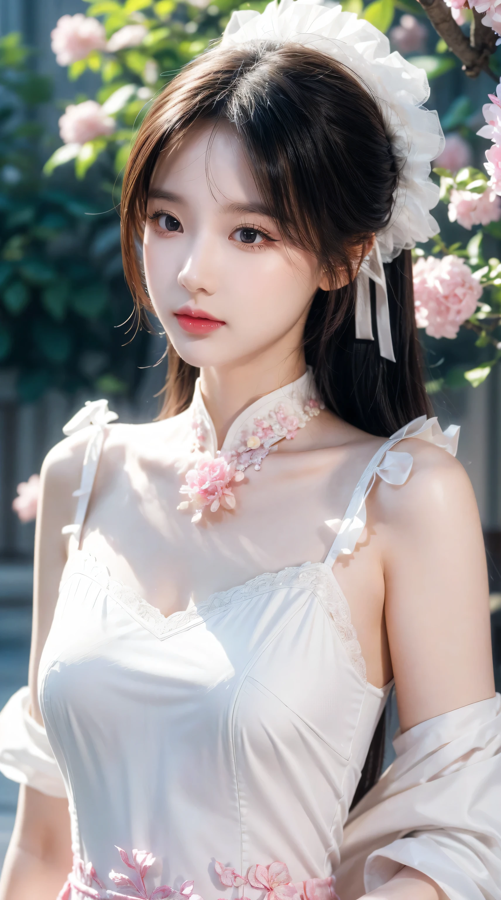 (masterpiece), best quality, high resolution, Super detailed, character close up, A beautiful white dress in Chinese style, Chinese elegant dress, Fine details, Cheongsam is beautiful and elegant, Colorful, Clothes floating, dramaticangle, Close to nature (close up), Require, warm color,Like sunshine,focus,Personal warmth, Champagne, The details stand out, Extra long ribbon, Open it, whole body, Many details, Pink petals, Sunlight on the skin, splendor, hairpin, Hydrangea, boudoir.
