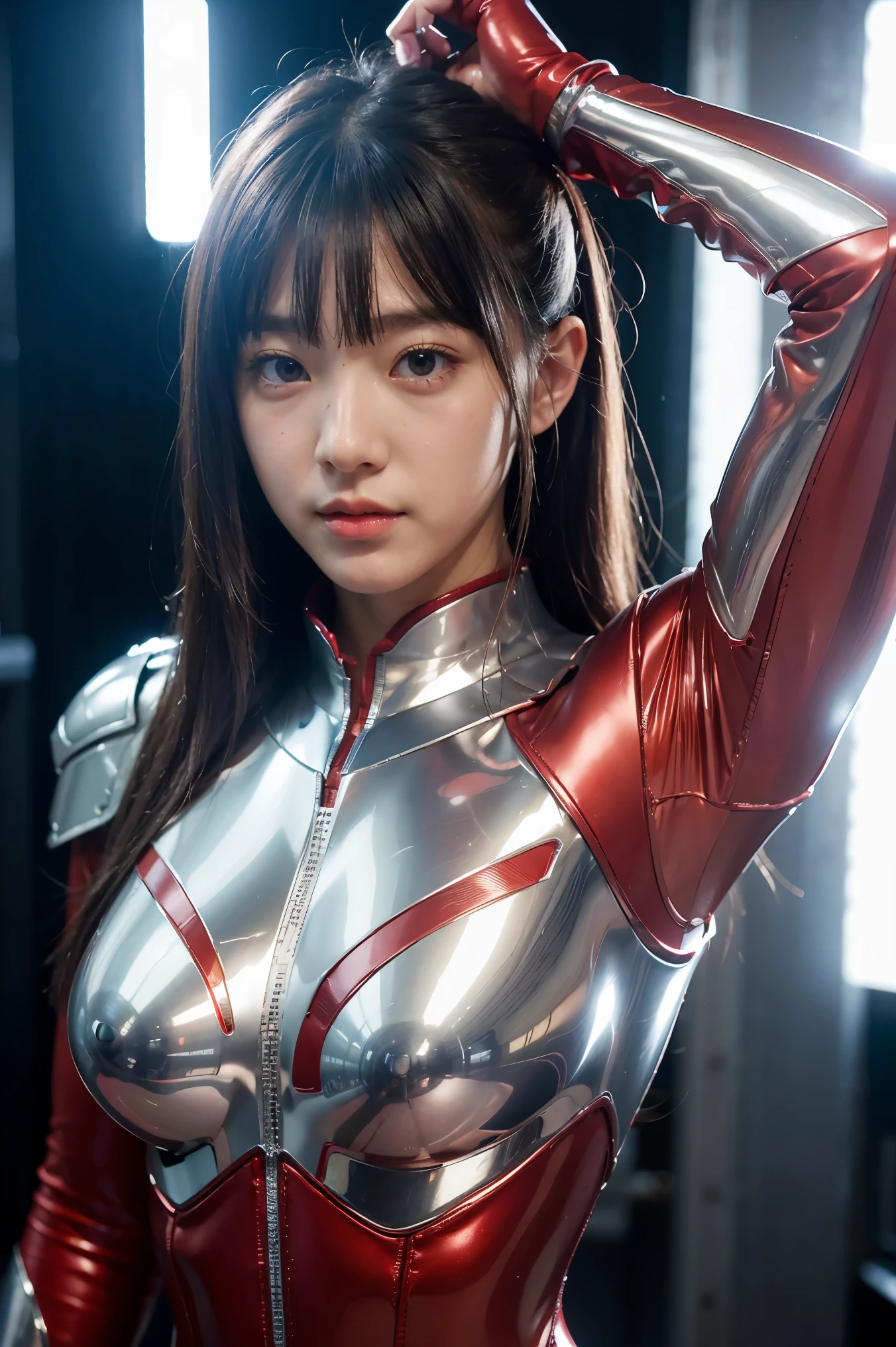 Ultraman、realistic、realistic、cinematic lighting, Girl in a shiny red and silver suit、15 years old、professional photos、Don&#39;Do not expose your skin, japanese model, japanese cgi、Ultraman Suit、, Power Rangers Suit、tight and thin cyber suit,Whole body rubbery、There&#39;s pink There、 delicate body, big breasts、small ass、thin thighs、thin arms、thin waist、camel toe、Both sides of the cyber suit stick to the skin、Big eyes、black short hair、facing the front、facing the front立っている、A glowing sphere is embedded in the chest.、Essay Examination、 blue sky background