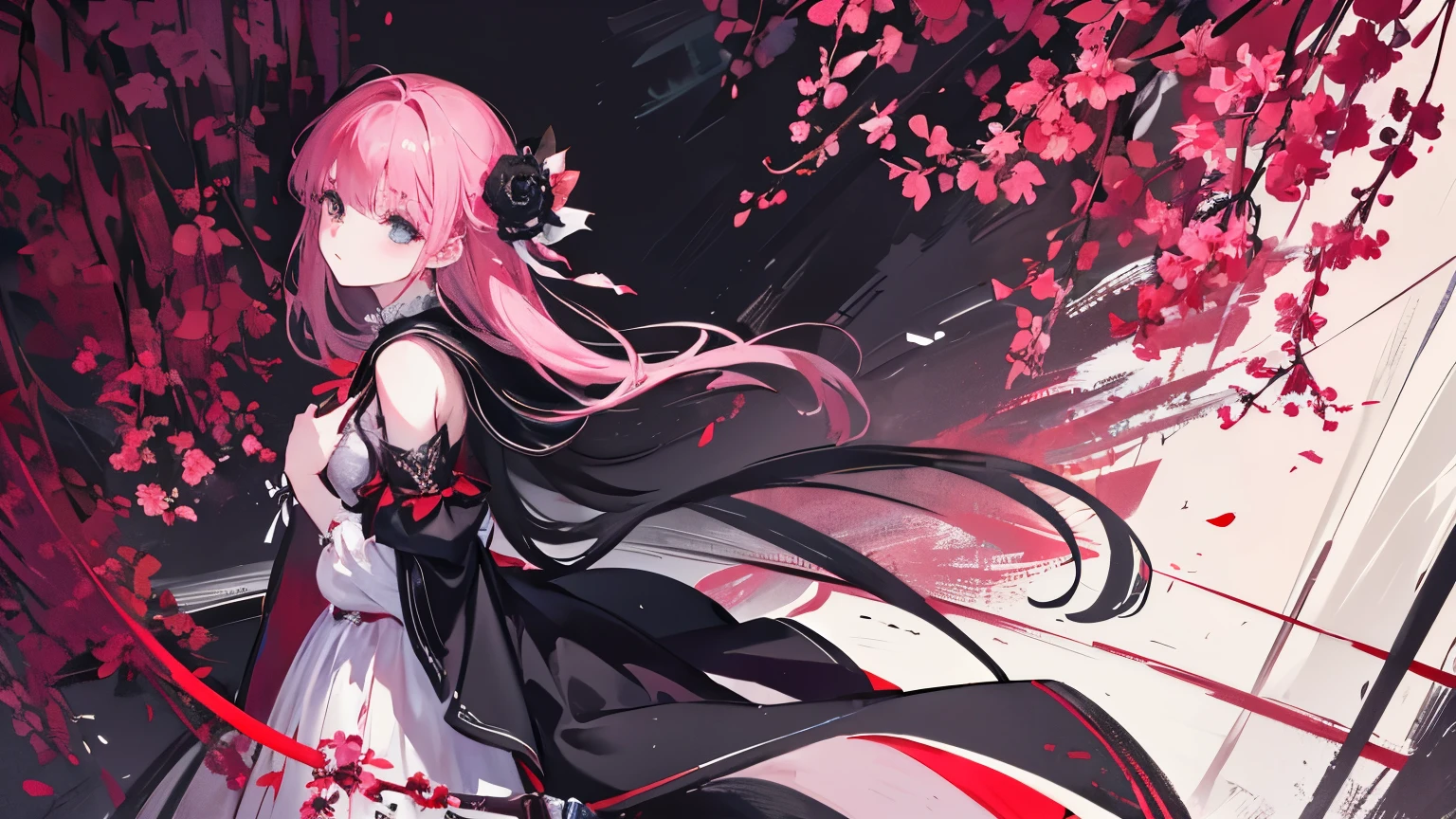 One girl,(masterpiece:1.3), (Absurd:1.2), (highest quality:1.3), (Very detailed:1.3),Please draw an illustration of a young girl, full body, bust shot, holding a knife, in a digital illustration style. The atmosphere should be reminiscent of an anime. The setting is an urban alleyway, where the girl, around 18 years old, is holding a knife. She possesses both youthful innocence and a mature demeanor. Her hand holding the knife is hanging limply, and she is looking down with sad eyes. She exudes an ephemeral, fearful, yet beautiful vibe. Despite the dark impression, there is a striking pinkish light reminiscent of blue and red. It's decadent, fleeting, and beautiful. The girl's body is facing forward, but her gaze is cast downward at an angle. Decadent and momentary, featuring elements of flowers and blood.