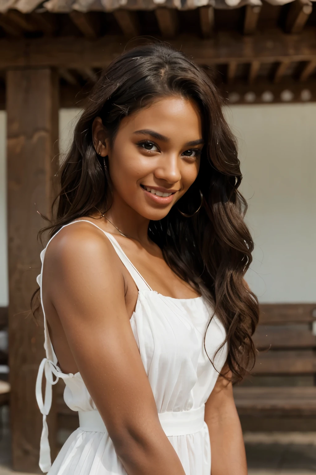 beautiful model in a photo shoot, black skin, brown eyes, curly long hair and smile face, in a white dress
